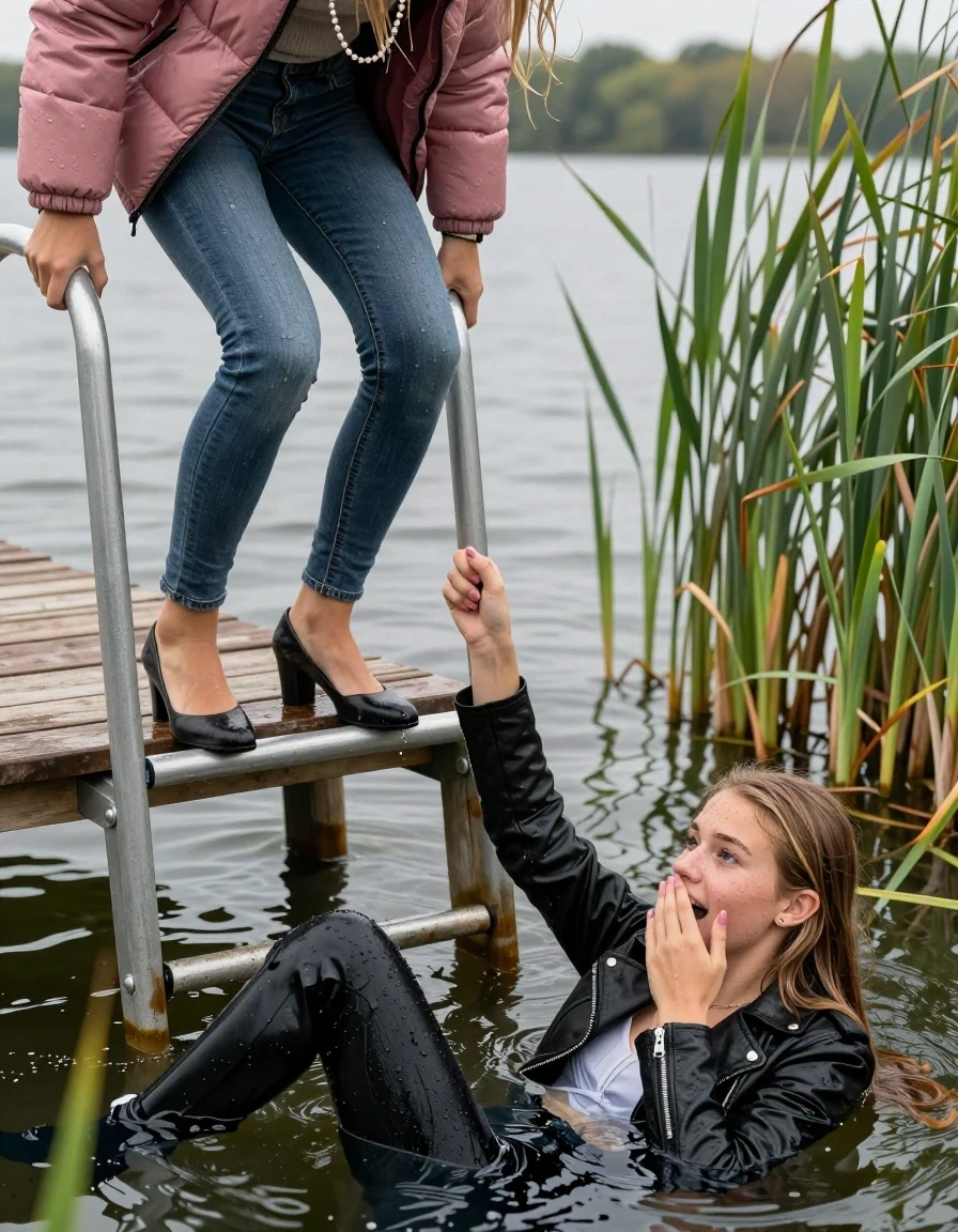 photo of young woman, in soaking wet, drenched clothes,
Heels, Completely soaked tight skinny jeans, Pink Puffer down jacket from north face, Tight turtleneck sweater belly free, handbag, pearl necklace, bracelet, wristwatch , Two Girls on a wooden bathing platform with a bathing ladder on a beautiful lake. The girls smiles with a sense of adventure and climbs the ladder into the water. Her legs are completly inside the water., 
enjoying, wet clothes stuck to body,
detailed textures of the wet clothes, wet face, wet plastered hair,
wet, drenched, professional, high-quality details, full body view.
sharp focus, ultra-high pixel detail, realistic, high-quality, full colors, incredibly detailed, 4k, 8k, 16k, hyper-realistic, RAW photo, masterpiece, ultra-detailed, professionally color graded, professional photograph, Blond sleek long straight hair

19 years old  teenage girl

Laying her breast on the surface.  Looking slightly away. Hold her hand over mouth.

One Girl inside the water with a black biker leatherjacket and one hand on her mouth, hold with the other the viewer's hand, pulling them she is completely underwater up to her neck, afraid and astonished expression. 

She hides in the reeds.

her submerged clothes are hardly vusible under water, she soaked her handbag into the water. The Girls wear different clothes. 

close up view, wet skin, wet clothes, wet hair, damp fabric, water runs down the clothes, wet skin, wet clothes, damp fabric, wet skin, wet clothes, damp fabric, wet skin, wet clothes, damp fabric, wet skin, wet clothes, damp fabric, wet skin, wet clothes, damp fabric, wet skin, wet clothes, damp fabric, wet skin, wet clothes, damp fabric, wet skin, wet clothes, damp fabric, wet skin, wet clothes, damp fabric, wet skin, wet clothes, damp fabric, wet skin, wet clothes, damp fabric, wet skin, wet clothes, damp fabric, wet skin, wet clothes, damp fabric, wet skin, wet clothes, damp fabric, wet skin, wet clothes, damp fabric, wet skin, wet clothes, damp fabric, wet skin, wet clothes, damp fabric, wet skin, wet clothes, damp fabric