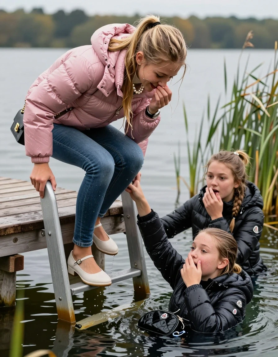 photo of young woman, in soaking wet, drenched clothes,
Heels, Completely soaked tight skinny jeans, Moncler pink shiny Puffer down jacket, Tight turtleneck sweater belly free, handbag, pearl necklace, bracelet, wristwatch , Two Girls on a wooden bathing platform with a bathing ladder on a beautiful lake. The girls smiles with a sense of adventure and climbs half submerged the ladder into the water. The water reaches up to her chest., 
enjoying, wet clothes stuck to body,
detailed textures of the wet clothes, wet face, wet plastered hair,
wet, drenched, professional, high-quality details, full body view.
sharp focus, ultra-high pixel detail, realistic, high-quality, full colors, incredibly detailed, 4k, 8k, 16k, hyper-realistic, RAW photo, masterpiece, ultra-detailed, professionally color graded, professional photograph, Blond sleek long straight hair, sleek ponytail 

15 years old  teenage girl

Laying her breast on the surface.  Looking slightly away. Hold her hand over her mouth and nose.

One Girl inside the water with a black moncler puffer shiny down jacket and one hand on her mouth, hold with the other the viewer's hand, pulling them she is completely underwater up to her neck, afraid and astonished expression. 

She hides in the reeds.

her submerged clothes are hardly vusible under water, she soaked her handbag into the water. The Girls wear different clothes. 

close up view, wet skin, wet clothes, wet hair, damp fabric, water runs down the clothes, wet skin, wet clothes, damp fabric, wet skin, wet clothes, damp fabric, wet skin, wet clothes, damp fabric, wet skin, wet clothes, damp fabric, wet skin, wet clothes, damp fabric, wet skin, wet clothes, damp fabric, wet skin, wet clothes, damp fabric, wet skin, wet clothes, damp fabric, wet skin, wet clothes, damp fabric, wet skin, wet clothes, damp fabric, wet skin, wet clothes, damp fabric, wet skin, wet clothes, damp fabric, wet skin, wet clothes, damp fabric, wet skin, wet clothes, damp fabric, wet skin, wet clothes, damp fabric, wet skin, wet clothes, damp fabric, wet skin, wet clothes, damp fabric, wet skin, wet clothes, damp fabric, wet skin, wet clothes, damp fabric, wet skin, wet clothes, damp fabric