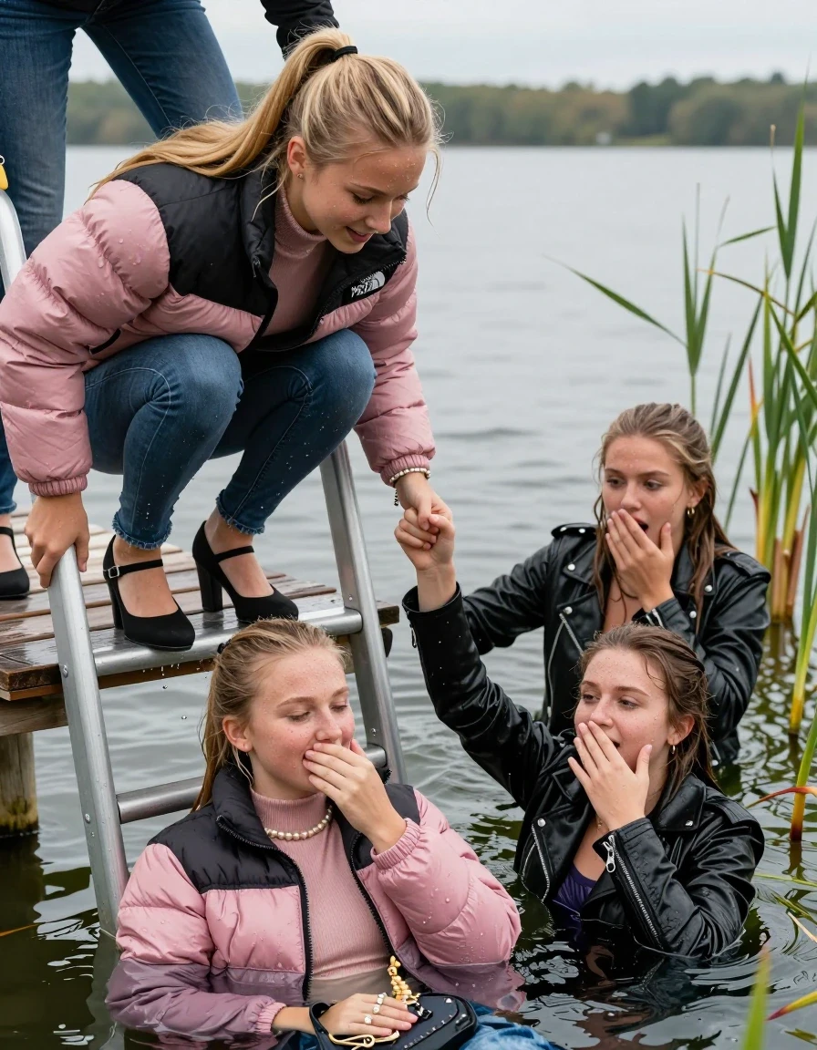 photo of young woman, in soaking wet, drenched clothes,
Heels, Completely soaked tight skinny jeans, Pink Puffer down jacket from north face, Tight turtleneck sweater belly free, handbag, pearl necklace, bracelet, wristwatch , Three Girls on a wooden bathing platform with a bathing ladder on a beautiful lake. The girls smiles with a sense of adventure and climbs the ladder into the water. The water reaches up to her chest., 
enjoying, wet clothes stuck to body,
detailed textures of the wet clothes, wet face, wet plastered hair,
wet, drenched, professional, high-quality details, full body view.
sharp focus, ultra-high pixel detail, realistic, high-quality, full colors, incredibly detailed, 4k, 8k, 16k, hyper-realistic, RAW photo, masterpiece, ultra-detailed, professionally color graded, professional photograph, Blond sleek long straight hair, sleek ponytail 

19 years old  teenage girl

Laying her breast on the surface.  Looking slightly away. Hold her hand over mouth.

One Girl inside the water with a black biker leatherjacket and one hand on her mouth, hold with the other the viewer's hand, pulling them she is completely underwater up to her neck, afraid and astonished expression. 

She hides in the reeds.

her submerged clothes are hardly vusible under water, she soaked her handbag into the water. The Girls wear different clothes. 

close up view, wet skin, wet clothes, wet hair, damp fabric, water runs down the clothes, wet skin, wet clothes, damp fabric, wet skin, wet clothes, damp fabric, wet skin, wet clothes, damp fabric, wet skin, wet clothes, damp fabric, wet skin, wet clothes, damp fabric, wet skin, wet clothes, damp fabric, wet skin, wet clothes, damp fabric, wet skin, wet clothes, damp fabric, wet skin, wet clothes, damp fabric, wet skin, wet clothes, damp fabric, wet skin, wet clothes, damp fabric, wet skin, wet clothes, damp fabric, wet skin, wet clothes, damp fabric, wet skin, wet clothes, damp fabric, wet skin, wet clothes, damp fabric, wet skin, wet clothes, damp fabric, wet skin, wet clothes, damp fabric, wet skin, wet clothes, damp fabric, wet skin, wet clothes, damp fabric, wet skin, wet clothes, damp fabric