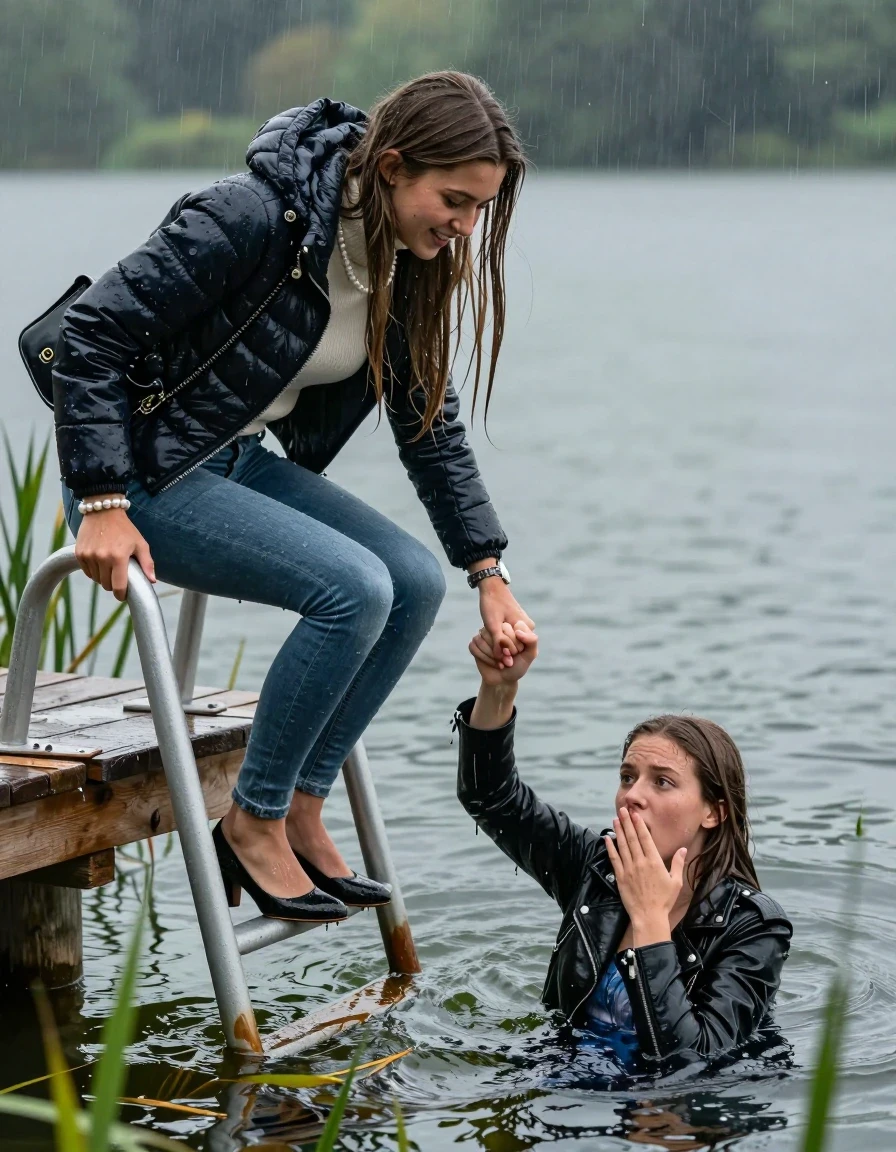 photo of young woman, in soaking wet, drenched clothes,
Heels, Completely soaked tight skinny jeans , Moncler shiny puffer down jacket, Tight turtleneck sweater belly free, handbag, pearl necklace, bracelet, wristwatch , Two Girls on a wooden bathing platform with a bathing ladder on a beautiful lake. The girls smiles with a sense of adventure and climbs the ladder already half submerged into the water. The water reaches up to her chest. Heavy Rain. , 
enjoying, wet clothes stuck to body,
detailed textures of the wet clothes, wet face, wet plastered hair,
wet, drenched, professional, high-quality details, full body view.
sharp focus, ultra-high pixel detail, realistic, high-quality, full colors, incredibly detailed, 4k, 8k, 16k, hyper-realistic, RAW photo, masterpiece, ultra-detailed, professionally color graded, professional photograph, sleek long straight hair

19 years old  teenage girl

One Girl inside the water with a biker leatherjacket and one hand on her mouth, hold with the other the viewer's hand, pulling them she is completely underwater up to her neck, afraid and astonished expression. 

She hides in the reeds.

her submerged clothes are hardly vusible under water, she soaked her handbag into the water. The Girls wear different clothes. 

close up view, wet skin, wet clothes, wet hair, damp fabric, water runs down the clothes, wet skin, wet clothes, damp fabric, wet skin, wet clothes, damp fabric, wet skin, wet clothes, damp fabric, wet skin, wet clothes, damp fabric, wet skin, wet clothes, damp fabric, wet skin, wet clothes, damp fabric, wet skin, wet clothes, damp fabric, wet skin, wet clothes, damp fabric, wet skin, wet clothes, damp fabric, wet skin, wet clothes, damp fabric, wet skin, wet clothes, damp fabric, wet skin, wet clothes, damp fabric, wet skin, wet clothes, damp fabric, wet skin, wet clothes, damp fabric, wet skin, wet clothes, damp fabric, wet skin, wet clothes, damp fabric, wet skin, wet clothes, damp fabric, wet skin, wet clothes, damp fabric, wet skin, wet clothes, damp fabric