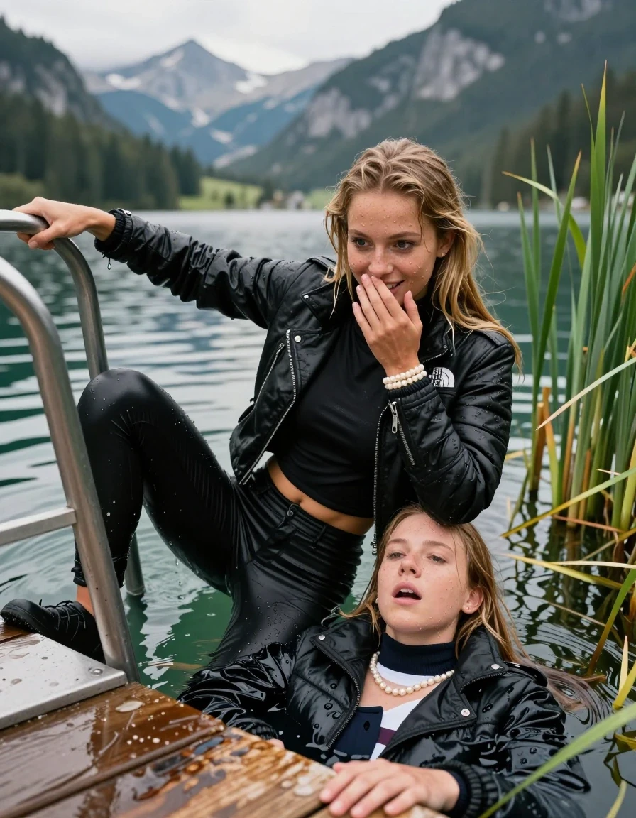 photo of young woman, in soaking wet, drenched clothes,
, Black leatherleggings , Black Puffer down jacket from north face, Tight turtleneck sweater belly free, handbag, pearl necklace, bracelet, wristwatch , on a wooden bathing platform with a bathing ladder on a beautiful mountain lake. The woman smiles with a sense of adventure and climbs the ladder into the water. The water reaches up to her chest., 
enjoying, wet clothes stuck to body,
detailed textures of the wet clothes, wet face, wet plastered hair,
wet, drenched, professional, high-quality details, full body view.
sharp focus, ultra-high pixel detail, realistic, high-quality, full colors, incredibly detailed, 4k, 8k, 16k, hyper-realistic, RAW photo, masterpiece, ultra-detailed, professionally color graded, professional photograph, Blond sleek long straight hair

19 years old  teenage girl

Laying her breast on the surface.  Looking slightly away. Hold her hand over mouth.

One Girl inside the water with a black biker leatherjacket and one hand on her mouth, hold with the other the viewer's hand, pulling them she is completely underwater up to her neck, afraid and astonished expression. 

She hides in the reeds.

her submerged clothes are hardly vusible under water, she soaked her handbag into the water. The Girls wear different clothes. 

close up view, wet skin, wet clothes, wet hair, damp fabric, water runs down the clothes, wet skin, wet clothes, damp fabric, wet skin, wet clothes, damp fabric, wet skin, wet clothes, damp fabric, wet skin, wet clothes, damp fabric, wet skin, wet clothes, damp fabric, wet skin, wet clothes, damp fabric, wet skin, wet clothes, damp fabric, wet skin, wet clothes, damp fabric, wet skin, wet clothes, damp fabric, wet skin, wet clothes, damp fabric, wet skin, wet clothes, damp fabric, wet skin, wet clothes, damp fabric, wet skin, wet clothes, damp fabric, wet skin, wet clothes, damp fabric, wet skin, wet clothes, damp fabric, wet skin, wet clothes, damp fabric, wet skin, wet clothes, damp fabric, wet skin, wet clothes, damp fabric, wet skin, wet clothes, damp fabric
