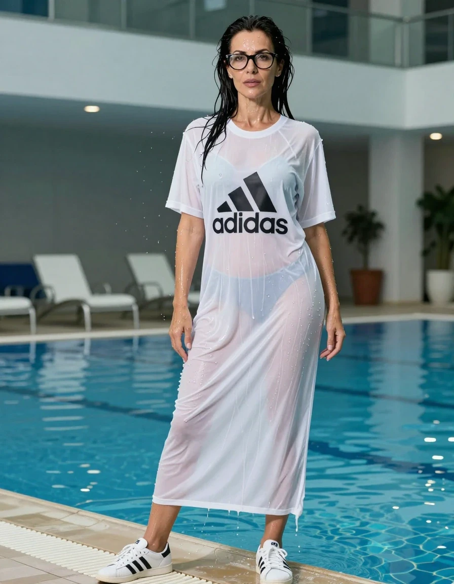 photo of young woman, in soaking wet, drenched clothes,
adidas shoes, maxi white adidas t-shirt dress with short sleeves, maxi white adidas t-shirt dress with short sleeves, shower after swim in indoor swimming pool, enjoying wet clothes stuck body, enjoying, wet clothes stuck to body, 
enjoying, wet clothes stuck to body,
detailed textures of the wet clothes, wet face, wet plastered hair,
wet, drenched, professional, high-quality details, full body view.
sharp focus, ultra-high pixel detail, realistic, high-quality, full colors, incredibly detailed, 4k, 8k, 16k, hyper-realistic, RAW photo, masterpiece, ultra-detailed, professionally color graded, professional photograph, europen brunette skinny woman 50 years old, long dark black hair, very big and thick lips,  office glasses, complete body, wet skin, wet clothes, damp fabric, wet skin, wet clothes, damp fabric, wet skin, wet clothes, damp fabric, wet skin, wet clothes, damp fabric, wet skin, wet clothes, damp fabric