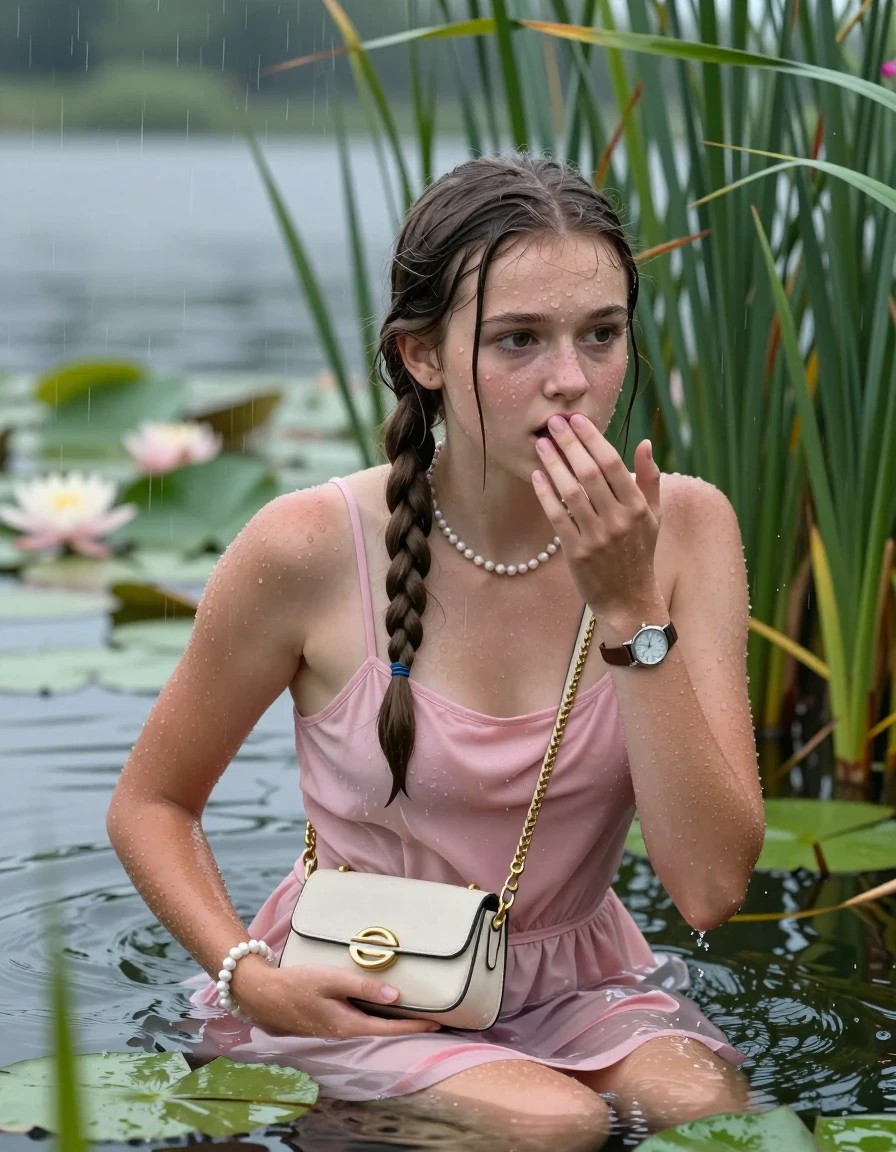 photo of young woman, in soaking wet, drenched clothes,
, , Small pink dress with spaghetti straps and wide neckline, handbag, pearl necklace, bracelet, wristwatch , Emerging after diving in a lake with water lilies and reeds, rain , 
enjoying, wet clothes stuck to body,
detailed textures of the wet clothes, wet face, wet plastered hair,
wet, drenched, professional, high-quality details, full body view.
sharp focus, ultra-high pixel detail, realistic, high-quality, full colors, incredibly detailed, 4k, 8k, 16k, hyper-realistic, RAW photo, masterpiece, ultra-detailed, professionally color graded, professional photograph, Two long braids

15 years old  teenage girl

Laying her breast on the surface.  Looking slightly away. Hold her hand on mouth.

she is completely underwater up to her neck, afraid and astonished expression. 

She hides in the reeds and is surprised by spectators

her submerged clothes are hardly vusible under water, she soaked her handbag into the water

close up view, wet skin, wet clothes, wet hair, damp fabric, water runs down the clothes, wet skin, wet clothes, damp fabric, wet skin, wet clothes, damp fabric, wet skin, wet clothes, damp fabric, wet skin, wet clothes, damp fabric, wet skin, wet clothes, damp fabric, wet skin, wet clothes, damp fabric, wet skin, wet clothes, damp fabric, wet skin, wet clothes, damp fabric, wet skin, wet clothes, damp fabric, wet skin, wet clothes, damp fabric, wet skin, wet clothes, damp fabric, wet skin, wet clothes, damp fabric, wet skin, wet clothes, damp fabric, wet skin, wet clothes, damp fabric, wet skin, wet clothes, damp fabric, wet skin, wet clothes, damp fabric, wet skin, wet clothes, damp fabric, wet skin, wet clothes, damp fabric, wet skin, wet clothes, damp fabric