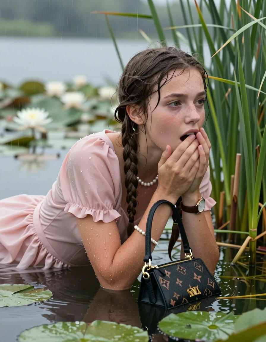 photo of young woman, in soaking wet, drenched clothes,
, , Short light pink party dress, handbag, pearl necklace, bracelet, wristwatch , Emerging after diving in a lake with water lilies and reeds, rain , 
enjoying, wet clothes stuck to body,
detailed textures of the wet clothes, wet face, wet plastered hair,
wet, drenched, professional, high-quality details, full body view.
sharp focus, ultra-high pixel detail, realistic, high-quality, full colors, incredibly detailed, 4k, 8k, 16k, hyper-realistic, RAW photo, masterpiece, ultra-detailed, professionally color graded, professional photograph, Two long braids

15 years old  teenage girl

Laying her breast on the surface.  Looking slightly away. Hold her hand on mouth.

she is completely underwater up to her neck, afraid and astonished expression. 

She hides in the reeds and is surprised by spectators

her submerged clothes are hardly vusible under water, she soaked her handbag into the water

close up view, wet skin, wet clothes, wet hair, damp fabric, water runs down the clothes, wet skin, wet clothes, damp fabric, wet skin, wet clothes, damp fabric, wet skin, wet clothes, damp fabric, wet skin, wet clothes, damp fabric, wet skin, wet clothes, damp fabric, wet skin, wet clothes, damp fabric, wet skin, wet clothes, damp fabric, wet skin, wet clothes, damp fabric, wet skin, wet clothes, damp fabric, wet skin, wet clothes, damp fabric, wet skin, wet clothes, damp fabric, wet skin, wet clothes, damp fabric, wet skin, wet clothes, damp fabric, wet skin, wet clothes, damp fabric, wet skin, wet clothes, damp fabric, wet skin, wet clothes, damp fabric, wet skin, wet clothes, damp fabric, wet skin, wet clothes, damp fabric, wet skin, wet clothes, damp fabric