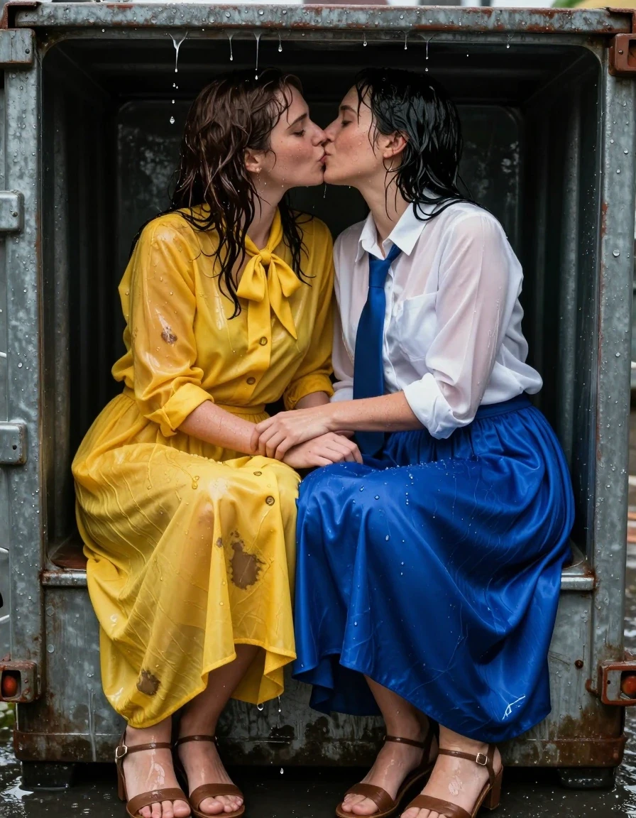 Photorealistic medium shot of two nerdy European women in their 30s, both teachers, hiding inside a large metal garbage container. The first woman wears an oversized yellow buttoned-down nylon dress with a bowtie; the second woman wears a white long-sleeved satin blouse with a blue necktie and a maxi blue silk skirt. Both women are wearing sandals. They are intensely kissing and hugging in a cramped, intimate embrace. The entire scene is drenched in water, with the women's skin and hair appearing dripping wet and glistening. Their clothing is heavily soaked, with the yellow nylon dress and blue silk skirt clinging to their bodies, showing dark, saturated patches, heavy wet folds, and pronounced water sheens. The environment inside the garbage container is damp and dark, with water trickling down the metallic walls. The lighting is moody and cinematic, highlighting the wet textures, the glossy sheen on the saturated fabrics, and the intimate expressions of the women. 8k resolution, highly detailed skin pores, realistic water droplets, sharp focus on the subjects, cinematic depth of field.
