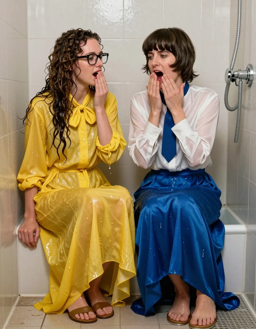 photo of young woman, in soaking wet, drenched clothes,
sandals, both: floor-length long dress or skirt, 1st long curly haired woman: glasses, oversized  floor-length yellow buttoned-down nylon dress with bowtie; 2nd Beatles haired woman: white long-sleeved satin blouse with blue necktie,  floor-length blue silk skirt, in an empty flooded shower, 
enjoying, wet clothes stuck to body,
detailed textures of the wet clothes, wet face, wet plastered hair,
wet, drenched, professional, high-quality details, full body view.
sharp focus, ultra-high pixel detail, realistic, high-quality, full colors, incredibly detailed, 4k, 8k, 16k, hyper-realistic, RAW photo, masterpiece, ultra-detailed, professionally color graded, professional photograph, lesbian nerdy teachers gasping for air exhausted sitting on the floor back against the wall after sex completely sweaty, wet skin, wet clothes, damp fabric