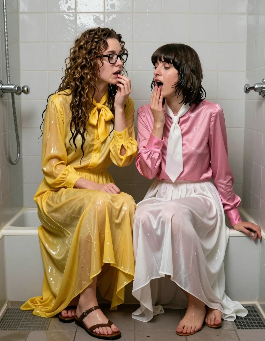 photo of young woman, in soaking wet, drenched clothes,
sandals, both: floor-length long dress or skirt, 1st long curly haired woman: glasses, oversized  floor-length yellow buttoned-down nylon dress with bowtie; 2nd Beatles haired woman: pink long-sleeved satin blouse with white necktie,  floor-length white silk skirt, in an empty flooded shower, 
enjoying, wet clothes stuck to body,
detailed textures of the wet clothes, wet face, wet plastered hair,
wet, drenched, professional, high-quality details, full body view.
sharp focus, ultra-high pixel detail, realistic, high-quality, full colors, incredibly detailed, 4k, 8k, 16k, hyper-realistic, RAW photo, masterpiece, ultra-detailed, professionally color graded, professional photograph, lesbian nerdy teachers gasping for air exhausted sitting on the floor back against the wall after sex, wet skin, wet clothes, damp fabric, wet skin, wet clothes, damp fabric, wet skin, wet clothes, damp fabric, wet skin, wet clothes, damp fabric
