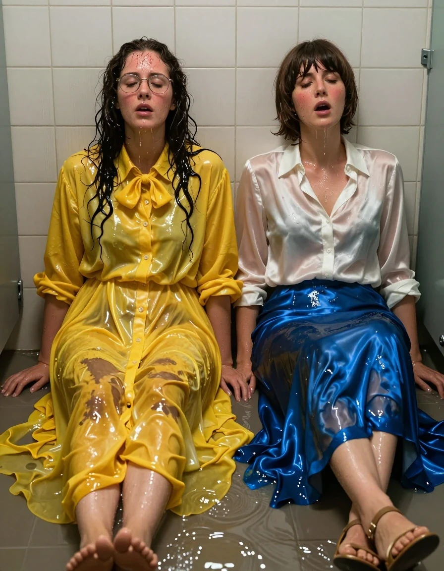 A photorealistic, high-detail wide shot of two exhausted, sweaty European lesbian teachers sitting on the floor of an empty, flooded public restroom, backs resting against the tiled wall, gasping for air with flushed, glistening skin. The first woman has long curly hair, wears glasses, and is dressed in an oversized, floor-length yellow buttoned-down nylon dress with a bowtie; the fabric is heavily soaked, clinging to her body with dark, saturated patches, heavy wet folds, and intense glossy specular reflections. The second woman has a Beatles-style haircut and wears a long-sleeved white satin blouse and a floor-length blue silk skirt; the satin and silk are translucent, water-saturated, and cling tightly to her frame, showing deep color shifts and fluid-drenched textures. Both women are wearing sandals on their feet. The environment is a dimly lit, tiled bathroom with shallow water pooling on the floor, creating realistic reflections and ripples. The scene is captured with cinematic lighting, emphasizing the wetness of the skin, the dripping hair, and the heavy, saturated weight of the clinging garments, photorealistic, 8k, sharp focus on fabric textures and sweat beads.