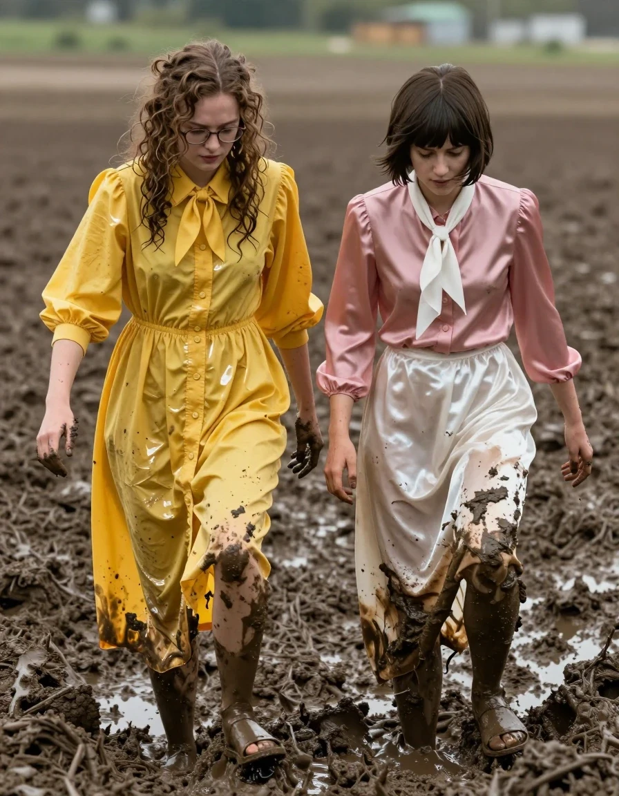 A photorealistic, high-detail scene of two young adult European women, both nerdy teachers, struggling and knee-deep in a thick, muddy field. The first woman has long curly hair, wearing glasses and a floor-length oversized yellow buttoned-down nylon dress with a bowtie; the fabric is heavily saturated, darkened by mud and water, clinging to her body with heavy wet folds and a glossy sheen. The second woman has a Beatles-style haircut, wearing a pink long-sleeved satin blouse with a white necktie and a floor-length white silk skirt; the silk and satin are translucent and matted with wet mud, showing deep, dark soaked patches and heavy, clinging texture. Both are wearing sandals, their feet partially obscured by the thick, viscous mud. The lighting is overcast and moody, highlighting the wet, glistening texture of their skin, hair, and the sodden, heavy fabrics. The camera angle is at eye level, capturing the realistic struggle of the women as they are stuck deep in the mire, with mud splatters on their faces and clothing, sharp focus on the wet fabric textures and the muddy environment, 8k resolution, cinematic composition.