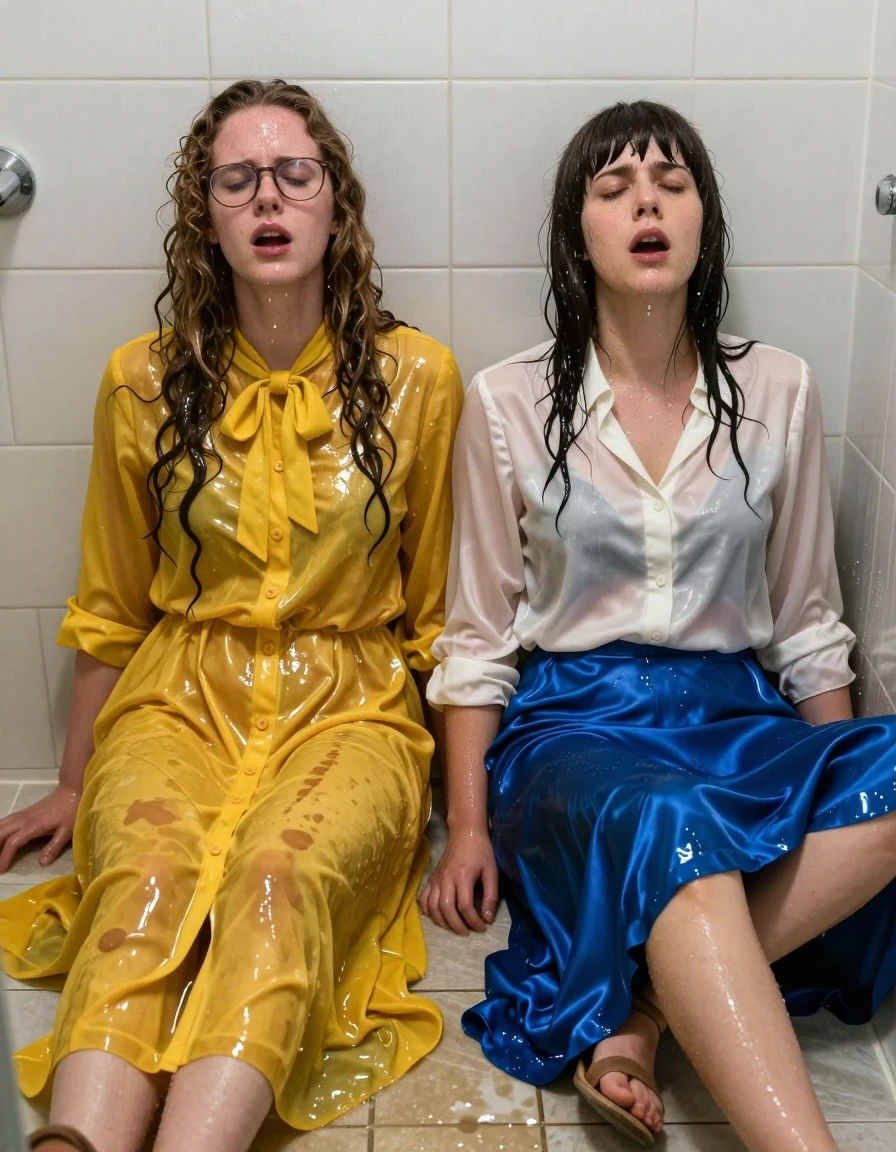 Photorealistic medium shot of two young adult European women, lesbian nerdy teachers, sitting on the tiled floor of an empty flooded shower with their backs against the wall. The first woman has long curly hair and is wearing glasses and an oversized floor-length yellow buttoned-down nylon dress with a bowtie; the second woman has a Beatles-style haircut, wearing a long-sleeved white satin blouse and a floor-length blue silk skirt that is pulled up and taken off to the knee. Both women are gasping for air, exhausted, with expressions of post-intimacy fatigue. Their skin is glistening with water, hair is dripping wet, and their clothes are heavily soaked, clinging to their bodies with dark, translucent patches and heavy damp fabric folds. The nylon and silk materials show deep color saturation and glossy wet sheens from the ambient water. They are wearing sandals on their feet. The shower environment is stark, with water pooling on the floor, reflecting light off the wet surfaces. High-detail photographic style, sharp focus on skin texture and fabric weave, dramatic lighting emphasizing the wetness and exhaustion, cinematic composition.