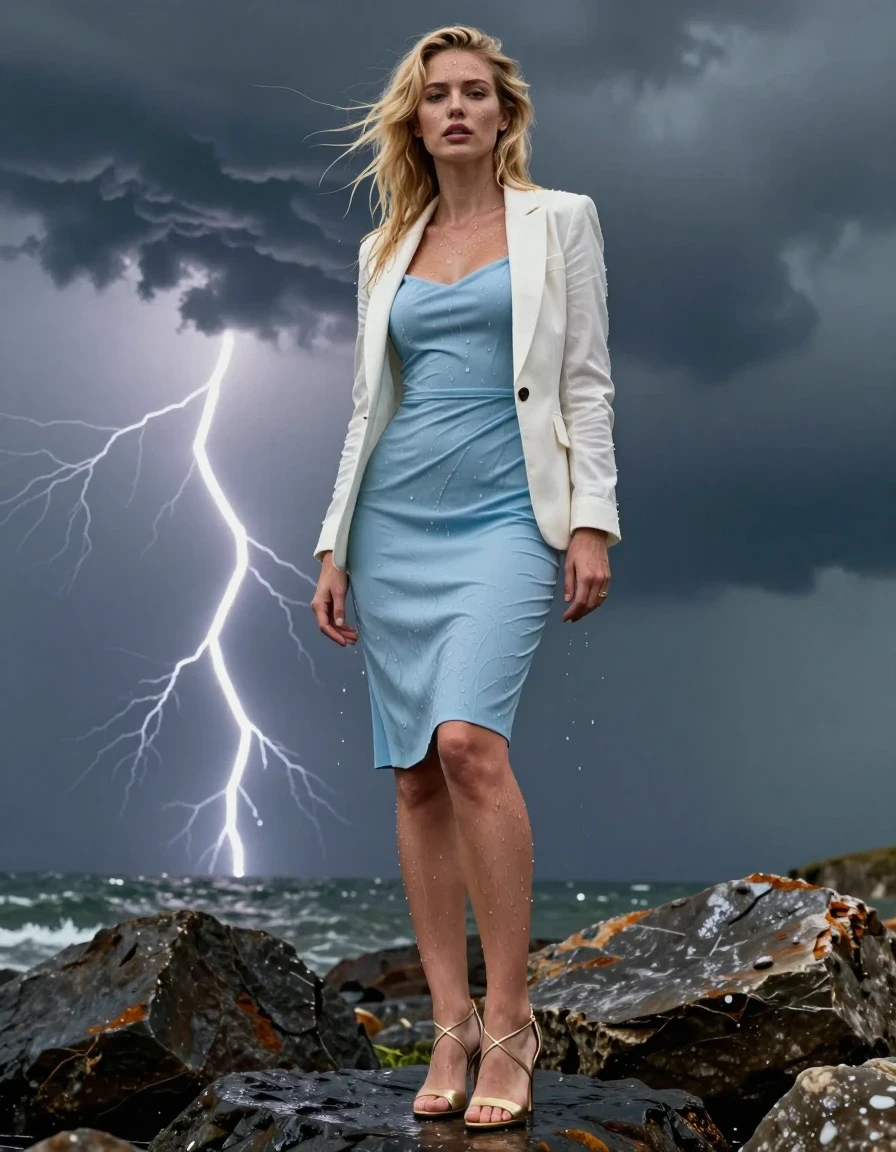 photo of young woman, in soaking wet, drenched clothes,
Strappy gold stilettos , Pale blue cocktail dress , white blazer , Standing on rocks, thunder storm , 
enjoying, wet clothes stuck to body,
detailed textures of the wet clothes, wet face, wet plastered hair,
wet, drenched, professional, high-quality details, full body view.
sharp focus, ultra-high pixel detail, realistic, high-quality, full colors, incredibly detailed, 4k, 8k, 16k, hyper-realistic, RAW photo, masterpiece, ultra-detailed, professionally color graded, professional photograph, Blonde, wet clothes, wet skin, wet clothes, damp fabric, wet skin, wet clothes, damp fabric