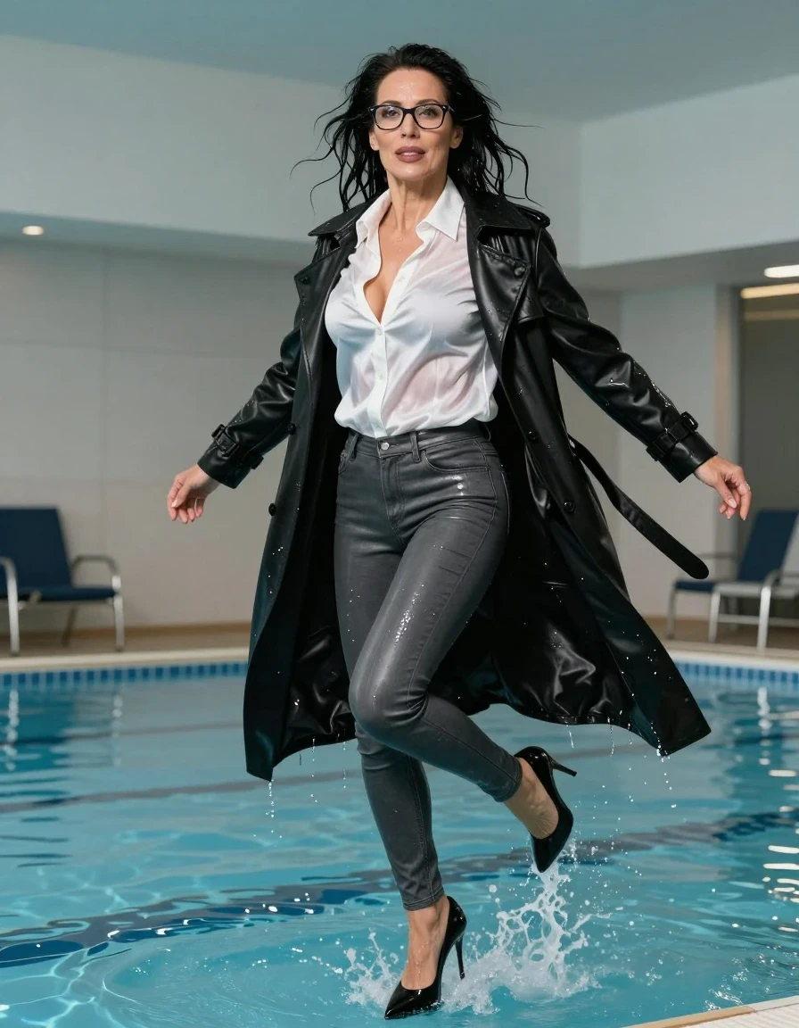 photo of young woman, in soaking wet, drenched clothes,
high-heeled shoes, long tight gray leather jeans, white silk satin shirt with long sleeves, maxi black leather trenchcoat, jump in indoor swimming pool, enjoying wet clothes stuck body, enjoying, wet clothes stuck to body, 
enjoying, wet clothes stuck to body,
detailed textures of the wet clothes, wet face, wet plastered hair,
wet, drenched, professional, high-quality details, full body view.
sharp focus, ultra-high pixel detail, realistic, high-quality, full colors, incredibly detailed, 4k, 8k, 16k, hyper-realistic, RAW photo, masterpiece, ultra-detailed, professionally color graded, professional photograph, europen brunette skinny woman 50 years old, long dark black hair, very big and thick lips,  office glasses, complete body, wet skin, wet clothes, damp fabric, wet skin, wet clothes, damp fabric, wet skin, wet clothes, damp fabric, wet skin, wet clothes, damp fabric, wet skin, wet clothes, damp fabric