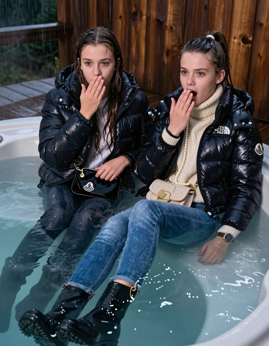 photo of young woman, in soaking wet, drenched clothes,
Boots, Drenched and soaked tight skinny jeans, Moncler shiny Puffer down jacket and Puffer down jacket from north face,  knit turtelneck sweater, handbag, pearl necklace, bracelet, wristwatch , A realistic fashion photograph of  two 15-year-old girl  under Heavy Rain swimming in a steaming hot tub on a wooden mountain cabin deck at night. Heavy Rain., 
enjoying, wet clothes stuck to body,
detailed textures of the wet clothes, wet face, wet plastered hair,
wet, drenched, professional, high-quality details, full body view.
sharp focus, ultra-high pixel detail, realistic, high-quality, full colors, incredibly detailed, 4k, 8k, 16k, hyper-realistic, RAW photo, masterpiece, ultra-detailed, professionally color graded, professional photograph, Sleek long straight hair and Sleek long ponytail 

Two 15-years-old teenage girl. 

Hold a hand over her mouth. Open mouth, big eyes. 

All girls wear different clothes.

One is completely underwater up to her neck, afraid and astonished expression.

All girls Laying her breast on the surface. Legs and Bodys are under the surface.

her submerged clothes are hardly visible under water, she soaked her handbag into the water

close up view, wet skin, wet clothes, wet hair, damp fabric, water runs down the clothes, wet skin, wet clothes., wet skin, wet clothes, damp fabric