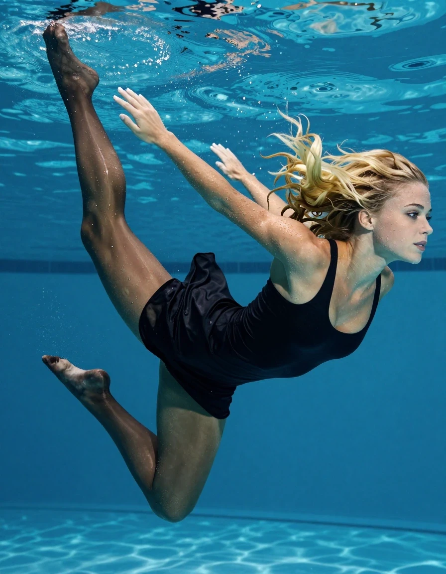 Full body professional RAW photograph of a beautiful blonde European woman diving underwater in a swimming pool. She is wearing a soaking wet, black minidress and dark, sheer pantyhose, with no shoes. The fabric of the minidress and pantyhose is completely drenched, clinging tightly to her skin, showing heavy wet folds, deep saturated color, and translucent water-soaked textures. Her hair is wet and plastered against her head, her skin has a realistic wet sheen, and her face is wet with water droplets. She is enjoying the underwater environment, captured in a dynamic swimming pose. The scene features crystal-clear water, high-quality lighting illuminating the textures of the wet fabric, sharp focus, ultra-high pixel detail, 8k resolution, hyper-realistic, professionally color graded, masterpiece, and vivid full colors.