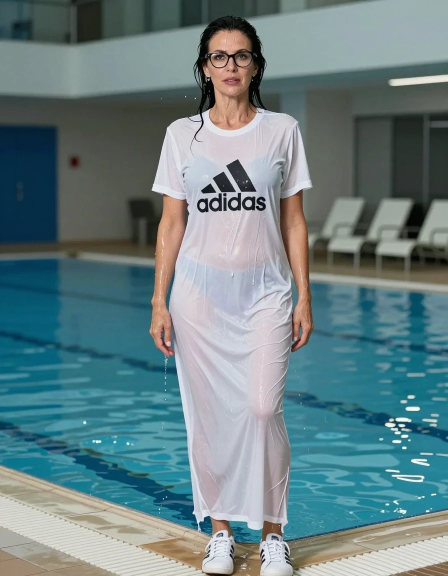 photo of young woman, in soaking wet, drenched clothes,
adidas shoes, maxi white adidas t-shirt dress with short sleeves, maxi white adidas t-shirt dress with short sleeves, shower after swim in indoor swimming pool, enjoying wet clothes stuck body, enjoying, wet clothes stuck to body, 
enjoying, wet clothes stuck to body,
detailed textures of the wet clothes, wet face, wet plastered hair,
wet, drenched, professional, high-quality details, full body view.
sharp focus, ultra-high pixel detail, realistic, high-quality, full colors, incredibly detailed, 4k, 8k, 16k, hyper-realistic, RAW photo, masterpiece, ultra-detailed, professionally color graded, professional photograph, europen brunette skinny woman 50 years old, long dark black hair, very big and thick lips,  office glasses, complete body, wet skin, wet clothes, damp fabric, wet skin, wet clothes, damp fabric, wet skin, wet clothes, damp fabric, wet skin, wet clothes, damp fabric, wet skin, wet clothes, damp fabric