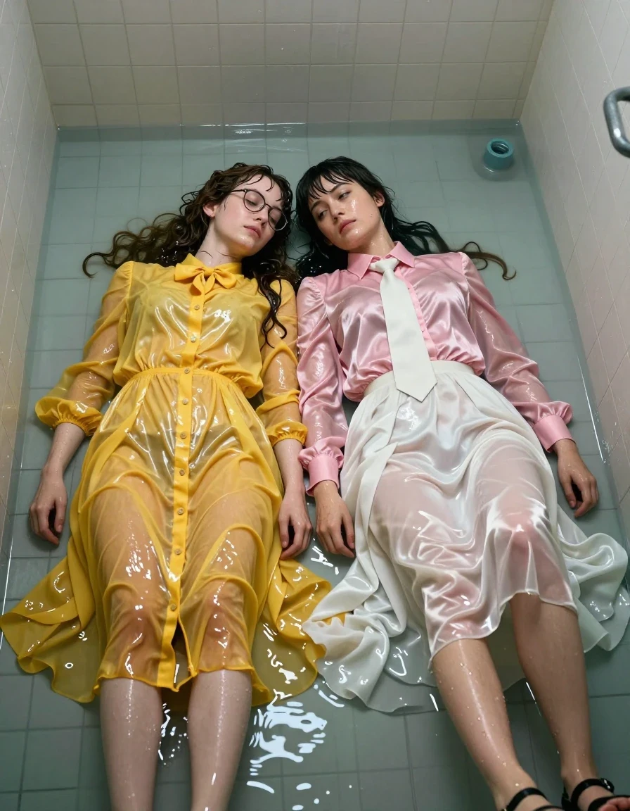 A photorealistic, cinematic shot of two young adult European women, both nerdy teachers, lying in each other's arms on the floor of an empty, dimly lit, flooded gym shower. The first woman has long curly hair and wears glasses; she is dressed in an oversized floor-length yellow buttoned-down nylon dress with a bowtie. The second woman has Beatles-style hair and wears a long-sleeved pink satin blouse with a white necktie paired with a floor-length white silk skirt. Both women wear sandals. Their hair, skin, and clothing are thoroughly drenched, with the fabrics clinging to their bodies, showing heavy wet folds, darkened tones, and translucent patches where the material is saturated. The nylon and silk fabrics exhibit intense, glossy specular reflections and water sheen. The environment is a cold, industrial-style shower room with tiled walls, shallow pooled water reflecting the dim overhead lighting, and a glistening, wet atmosphere. The shot is captured in a high-detail, realistic style with sharp focus on the textures of the soaked textiles and the intimate, relaxed pose of the subjects.
