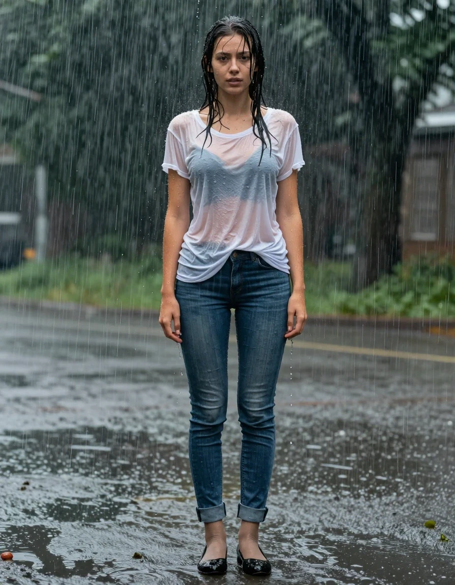 photo of young woman, in soaking wet, drenched clothes,
Black Flats, light Pantyhose, Long Jeans, T-Shirt, , 
enjoying, wet clothes stuck to body,
detailed textures of the wet clothes, wet face, wet plastered hair,
wet, drenched, professional, high-quality details, full body view.
sharp focus, ultra-high pixel detail, realistic, high-quality, full colors, incredibly detailed, 4k, 8k, 16k, hyper-realistic, RAW photo, masterpiece, ultra-detailed, professionally color graded, professional photograph, A young girl is standing in very heavy Rainstorm.  She is completely soaked from head to toe, with water streaming down her entire body. Her clothes are clinging to her., wet skin, wet clothes, damp fabric