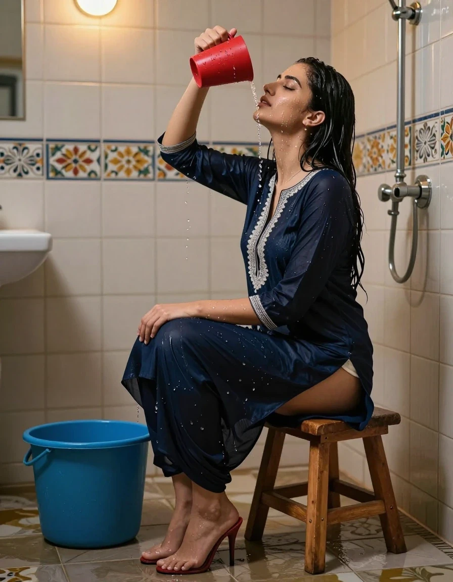 photo of young woman, in soaking wet, drenched clothes,
Stilletto heels, , , , 
enjoying, wet clothes stuck to body,
detailed textures of the wet clothes, wet face, wet plastered hair,
wet, drenched, professional, high-quality details, full body view.
sharp focus, ultra-high pixel detail, realistic, high-quality, full colors, incredibly detailed, 4k, 8k, 16k, hyper-realistic, RAW photo, masterpiece, ultra-detailed, professionally color graded, professional photograph, A  woman with long black hair sitting sideways on a small wooden stool in a tiled bathroom, pouring water over her head from a bright red plastic mug with her right hand, eyes closed in a serene expression. She is wearing a dark navy blue salwar kameez with white embroidery on the chest and sleeves, the fabric slightly wet and clinging. Barefoot, with water droplets visible on her face, arms, and clothes. A large blue plastic bucket sits on the wet tiled floor to her left. The bathroom walls are covered in light beige and patterned ceramic tiles with floral and geometric designs. The bathroom is lit with ceiling recessed warm spot lights as the only light source. A metal shower pipe and faucet are mounted on the right wall. Realistic photography style, high detail, cinematic composition., wet skin, wet clothes, damp fabric