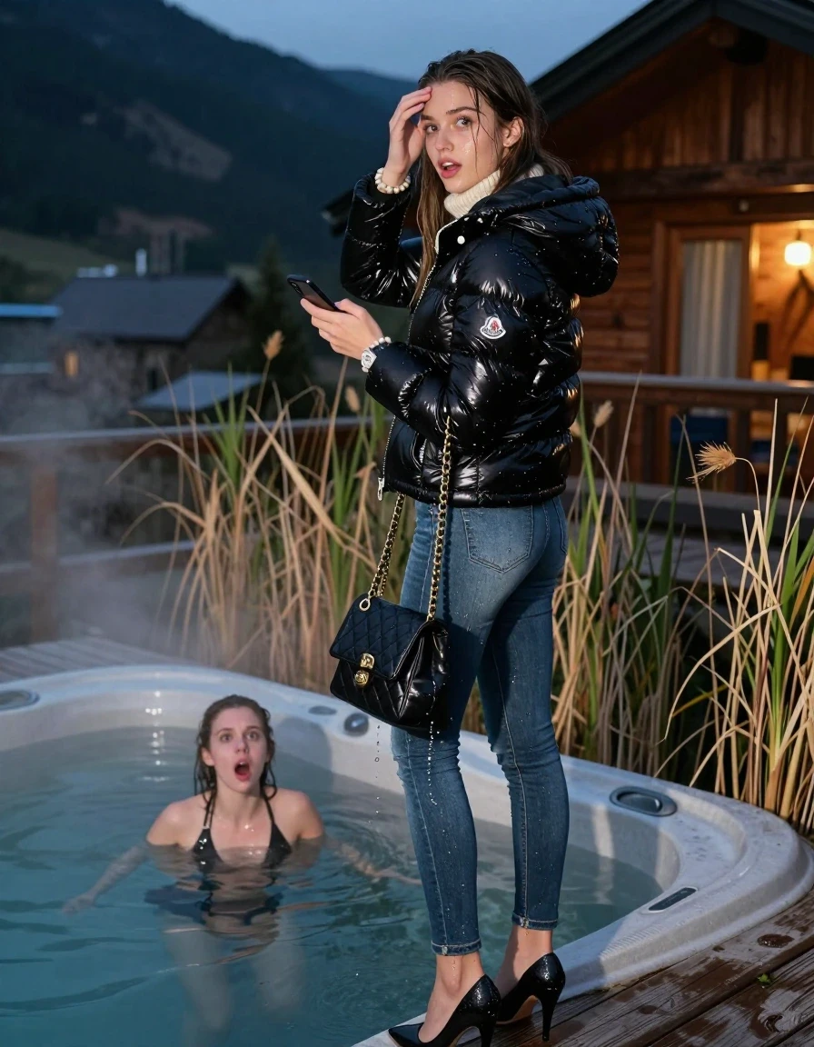 photo of young woman, in soaking wet, drenched clothes,
Heels, Drenched and soaked tight skinny jeans, Moncler shiny Puffer down jacket,  knit turtelneck sweater, handbag, pearl necklace, bracelet, wristwatch , A realistic vertical fashion photograph of a 19-year-old girl standing at the edge of a steaming hot tub on a wooden mountain cabin deck at night. She is looking back over her shoulder toward the camera with an expectant and playful expression., 
enjoying, wet clothes stuck to body,
detailed textures of the wet clothes, wet face, wet plastered hair,
wet, drenched, professional, high-quality details, full body view.
sharp focus, ultra-high pixel detail, realistic, high-quality, full colors, incredibly detailed, 4k, 8k, 16k, hyper-realistic, RAW photo, masterpiece, ultra-detailed, professionally color graded, professional photograph, Close-up. 
Sleek long straight hair 

19 years old  teenage girl

open mouth, big eyes, one hand on her forehead and in the other hand her smartphone. Laying her breast on the surface.  Looking at camera.

she is completely underwater up to her neck, afraid and astonished expression.

She hides in the reeds and is surprised by spectators

her submerged clothes are hardly vusible under water, she soaked her handbag into the water

close up view, wet skin, wet clothes, wet hair, damp fabric, water runs down the clothes, wet skin, wet clothes, damp fabric, wet skin, wet clothes, damp fabric, wet skin, wet clothes, damp fabric, wet skin, wet clothes, damp fabric, wet skin, wet clothes, damp fabric, wet skin, wet clothes, damp fabric, wet skin, wet clothes, damp fabric, wet skin, wet clothes, damp fabric, wet skin, wet clothes, damp fabric, wet skin, wet clothes, damp fabric, wet skin, wet clothes, damp fabric, wet skin, wet clothes, damp fabric, wet skin, wet clothes, damp fabric, wet skin, wet clothes, damp fabric, wet skin, wet clothes, damp fabric, wet skin, wet clothes, damp fabric, wet skin, wet clothes, damp fabric, wet skin, wet clothes, damp fabric