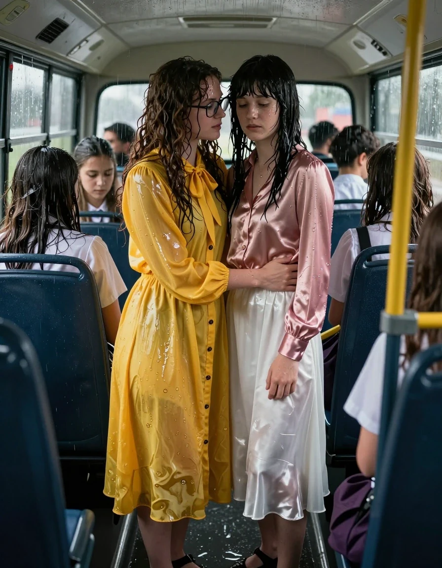 A photorealistic, highly detailed scene inside a cramped school bus during a storm. A young adult European woman with long curly hair, wearing glasses and an oversized floor-length yellow buttoned-down nylon dress with a bowtie, is embracing a second young adult European woman with Beatles-style hair, who is wearing a pink long-sleeved satin blouse and a floor-length white silk skirt. Both women are wearing sandals. Nearby, several 19-year-old female students in school uniforms are huddled together. Everyone is completely drenched from the storm outside. The nylon, satin, and silk fabrics are soaking wet, clinging to the skin, showing dark, water-saturated patches, heavy wet folds, and intense glossy specular reflections from the dim interior bus lighting. The women's hair is matted and dripping, skin is glistening with water, and clothes are heavy with moisture. The atmosphere is intimate and quiet. Sharp focus, high-contrast cinematic lighting, realistic textures, 8k resolution, captured on 35mm lens.
