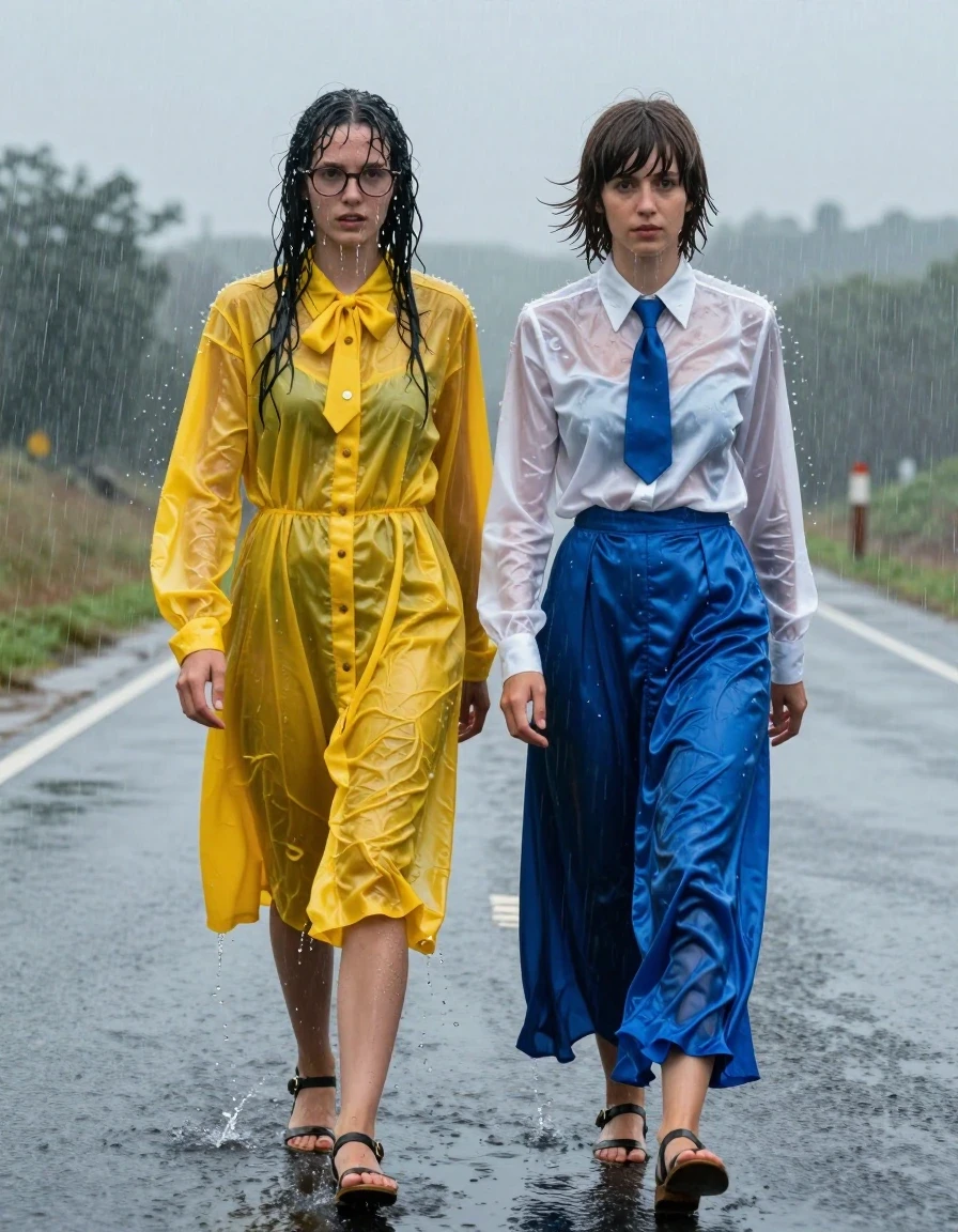 Full-shot of two young adult European women, nerdy teachers, stranded on an empty road during a heavy torrential downpour. The first woman has long curly hair, wears glasses, and an oversized yellow buttoned-down nylon dress with a bowtie; the second woman has a Beatles-style haircut, wearing a white long-sleeved satin blouse, a blue necktie, and a maxi blue silk skirt. Both women are wearing sandals. They are soaked through by the rain, their clothes heavy, clinging to their bodies with deep, saturated colors and translucent patches. The yellow nylon dress and white satin blouse are drenched, showing wet skin underneath, with water cascading down their hair and faces. The blue silk skirt is heavy with water, clinging to their legs, exhibiting deep blue tones and high-sheen liquid reflections. The environment is a desolate, rain-slicked asphalt road reflecting the grey, overcast sky. Hyper-realistic wet-look photography, raindrops splashing off fabric, dramatic lighting, cinematic composition, 8k resolution, high detail on fabric texture and water weight.
