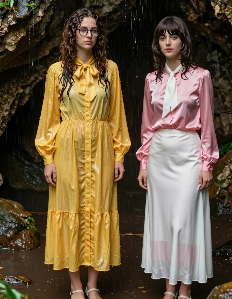photo of young woman, in soaking wet, drenched clothes,
sandals, both: floor-length long dress or skirt, 1st long curly haired woman: glasses, oversized  floor-length yellow buttoned-down nylon dress with bowtie; 2nd Beatles haired woman: pink long-sleeved satin blouse with white necktie,  floor-length white silk skirt, damp cave, 
enjoying, wet clothes stuck to body,
detailed textures of the wet clothes, wet face, wet plastered hair,
wet, drenched, professional, high-quality details, full body view.
sharp focus, ultra-high pixel detail, realistic, high-quality, full colors, incredibly detailed, 4k, 8k, 16k, hyper-realistic, RAW photo, masterpiece, ultra-detailed, professionally color graded, professional photograph, lesbian nerdy teachers are seeking shelter from the storm outside, wet skin, wet clothes, damp fabric