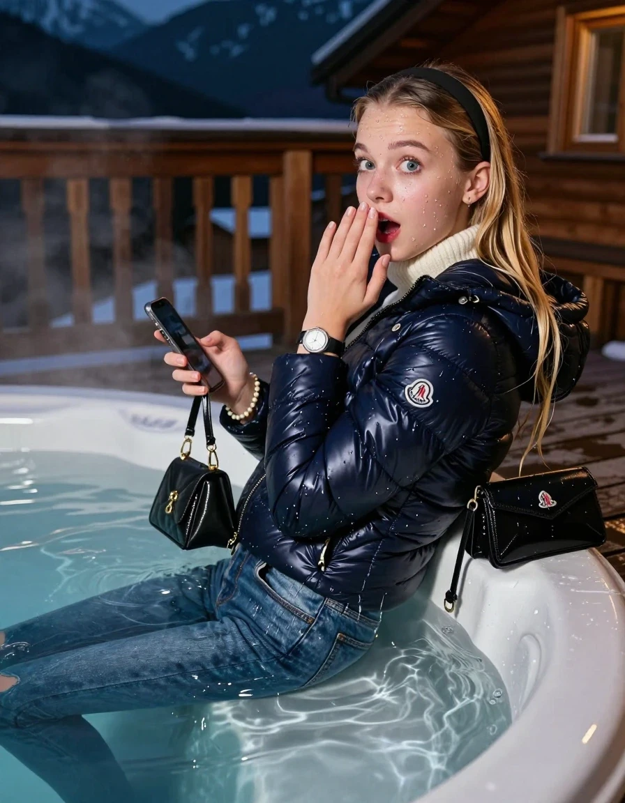 photo of young woman, in soaking wet, drenched clothes,
, Drenched and soaked tight skinny jeans, Moncler shiny Puffer down jacket,  knit turtelneck sweater, handbag, pearl necklace, bracelet, wristwatch , A realistic vertical fashion photograph of a 15-year-old girl submerged at the edge of a steaming hot tub on a wooden mountain cabin deck at night. She is looking back over her shoulder toward the camera with an expectant and playful expression., 
enjoying, wet clothes stuck to body,
detailed textures of the wet clothes, wet face, wet plastered hair,
wet, drenched, professional, high-quality details, full body view.
sharp focus, ultra-high pixel detail, realistic, high-quality, full colors, incredibly detailed, 4k, 8k, 16k, hyper-realistic, RAW photo, masterpiece, ultra-detailed, professionally color graded, professional photograph, Close-up. 
Blonde Sleek long straight hair with hairband

15 years old  teenage girl

open mouth, big eyes, one hand on her mouth and in the other hand her smartphone. Laying her breast on the surface.  Looking at camera.

she is completely underwater up to her neck, afraid and astonished expression.

her submerged clothes are hardly vusible under water, she soaked her handbag into the water

close up view, wet skin, wet clothes, wet hair, damp fabric, water runs down the clothes, wet skin, wet clothes, damp fabric, wet skin, wet clothes, damp fabric, wet skin, wet clothes, damp fabric, wet skin, wet clothes, damp fabric, wet skin, wet clothes, damp fabric, wet skin, wet clothes, damp fabric, wet skin, wet clothes, damp fabric, wet skin, wet clothes, damp fabric, wet skin, wet clothes, damp fabric, wet skin, wet clothes, damp fabric, wet skin, wet clothes, damp fabric, wet skin, wet clothes, damp fabric, wet skin, wet clothes, damp fabric, wet skin, wet clothes, damp fabric, wet skin, wet clothes, damp fabric, wet skin, wet clothes, damp fabric, wet skin, wet clothes, damp fabric, wet skin, wet clothes, damp fabric