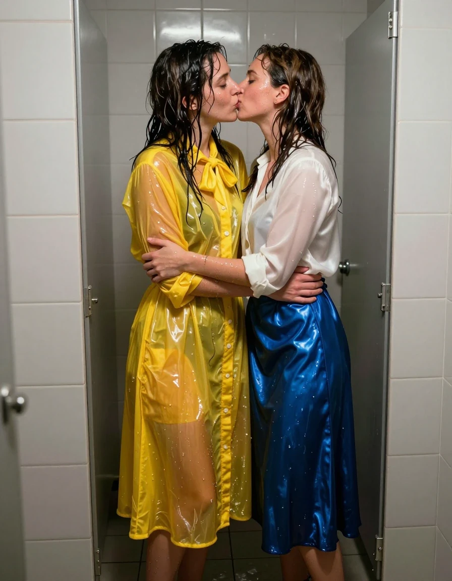 Hyper-realistic cinematic shot of two nerdy European female teachers in their 30s, both with wet, clinging hair and glistening, damp skin, hiding inside a cramped, dimly lit, tiled toilet booth. One woman wears an oversized yellow buttoned-down nylon dress with a bowtie, the fabric soaked and translucent with heavy, clinging folds and a deep, saturated sheen. The second woman wears a white long-sleeved satin blouse and a long blue silk maxi skirt, the silk heavy, dark, and clinging to her legs from saturation. Both women are wearing sandals. They are caught in an intimate, passionate moment, kissing and hugging tightly, expressions of relief and nervous excitement. The environment is a small, claustrophobic restroom stall with sterile white tiles and harsh overhead fluorescent lighting reflecting off the wet surfaces of their clothes and skin. 8k resolution, highly detailed textures, realistic water saturation, dramatic lighting, sharp focus on the subjects, authentic photographic quality.