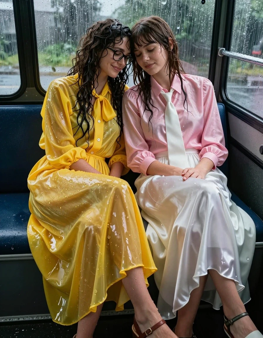 A photorealistic, cinematic shot of two young adult European lesbian teachers relaxing in each other's arms inside a schoolbus after being caught in a heavy storm. The first woman has long curly hair, wears glasses, and is dressed in an oversized floor-length yellow buttoned-down nylon dress with a bowtie; the nylon fabric is visibly soaking wet, appearing darker, translucent, and clinging heavily to her body with high-sheen water reflections. The second woman has Beatles-style hair and wears a pink long-sleeved satin blouse with a white necktie and a floor-length white silk skirt; both the satin and silk are drenched, showing deep color saturation, heavy wet folds, and a slick, glossy liquid sheen. Both women are wearing sandals on their feet, with their skin and hair glistening with water. The interior of the schoolbus is dimly lit, with raindrops streaking the windows and water pooling on the floor. The atmosphere is intimate and cozy, captured with a shallow depth of field, high-contrast lighting emphasizing the wet textures of the fabrics, 8k resolution, highly detailed skin pores and water droplets.
