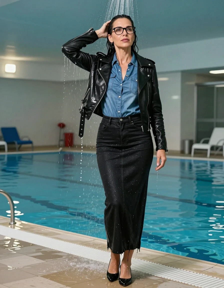 photo of young woman, in soaking wet, drenched clothes,
shoes, MAXI tight black denim skirt, blue denim shirt with long sleeves, BLACK LEATHER BYKER JACKET, taking shower after swim in indoor swimming pool, enjoying wet clothes stuck body, enjoying, wet clothes stuck to body, 
enjoying, wet clothes stuck to body,
detailed textures of the wet clothes, wet face, wet plastered hair,
wet, drenched, professional, high-quality details, full body view.
sharp focus, ultra-high pixel detail, realistic, high-quality, full colors, incredibly detailed, 4k, 8k, 16k, hyper-realistic, RAW photo, masterpiece, ultra-detailed, professionally color graded, professional photograph, europen brunette skinny woman 50 years old, long dark black hair, very big and thick lips,  office glasses, complete body, wet skin, wet clothes, damp fabric, wet skin, wet clothes, damp fabric, wet skin, wet clothes, damp fabric, wet skin, wet clothes, damp fabric, wet skin, wet clothes, damp fabric