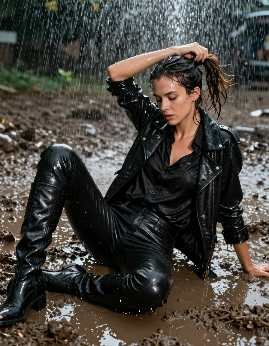 photo of young woman, in soaking wet, drenched clothes,
Knee length black leather boots , Black leather long pants , Oversize black silk button shirt, and black leather jacket , Lying in a mud pit, heavy rain, night, drenched, covered in mud , 
enjoying, wet clothes stuck to body,
detailed textures of the wet clothes, wet face, wet plastered hair,
wet, drenched, professional, high-quality details, full body view.
sharp focus, ultra-high pixel detail, realistic, high-quality, full colors, incredibly detailed, 4k, 8k, 16k, hyper-realistic, RAW photo, masterpiece, ultra-detailed, professionally color graded, professional photograph, subject wringing out a wet ponytail while standing under a spraying overhead sprinkler, water droplets visible in mid-air, realistic street photography, sharp focus on fabric texture, high-angle wide shot, cinematic lighting, photorealistic lifestyle photography, rich natural color, balanced bright exposure, moderate contrast, softly lifted shadows, wet skin, wet clothes, damp fabric
