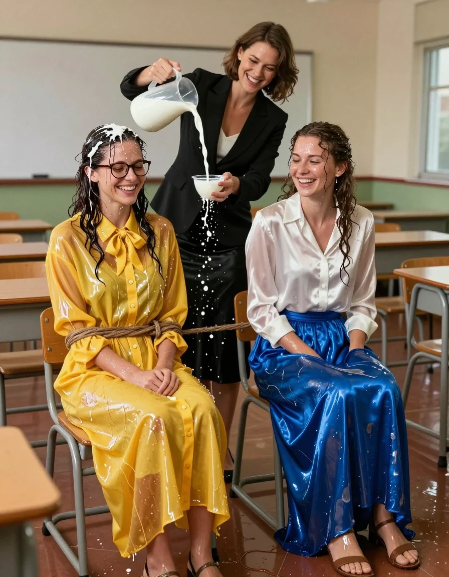 A hyper-realistic, high-detail scene in an empty, sunlit classroom featuring three European women in their 30s. Two nerdy teachers are tied to wooden chairs; the first woman wears glasses and an oversized, soaking-wet yellow buttoned-down nylon dress with a bowtie, the fabric clinging to her skin with deep, dark saturated patches and heavy, glossy liquid sheen. The second woman wears a white, water-saturated long-sleeved satin blouse and a soaked blue silk maxi skirt, the fabric heavy and clinging with translucent wet folds. Both are wearing wet sandals. A third woman, standing over them, wears a sharp black tuxedo jacket and a matching black silk maxi skirt, laughing as she pours a large pitcher of milk over the two teachers. The milk cascades over their hair and clothes, creating realistic wet streaks, dripping skin, and soaked, clinging garments. The lighting is bright and cinematic, highlighting the glossy, reflective wet textures of the silk, nylon, and satin. 8k resolution, photographic, sharp focus on the expressions of laughter and the fluid motion of the milk.
