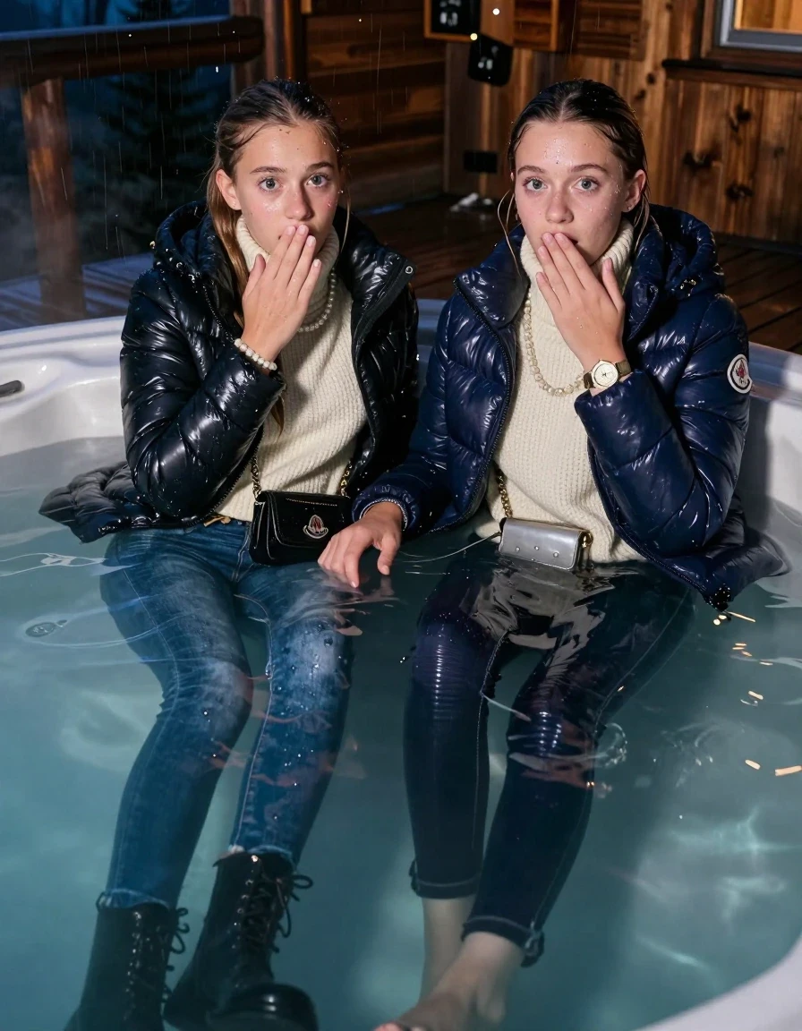 photo of young woman, in soaking wet, drenched clothes,
Boots, Drenched and soaked tight skinny jeans, Moncler shiny Puffer down jacket,  knit turtelneck sweater, handbag, pearl necklace, bracelet, wristwatch , A realistic fashion photograph of  two 15-year-old girl  swimming in a steaming hot tub on a wooden mountain cabin deck at night. Rain., 
enjoying, wet clothes stuck to body,
detailed textures of the wet clothes, wet face, wet plastered hair,
wet, drenched, professional, high-quality details, full body view.
sharp focus, ultra-high pixel detail, realistic, high-quality, full colors, incredibly detailed, 4k, 8k, 16k, hyper-realistic, RAW photo, masterpiece, ultra-detailed, professionally color graded, professional photograph, Sleek long straight hair and Sleek long ponytail 

Two 15-years-old teenage girl. 

Hold a hand over her mouth. Open mouth, big eyes. 

All girls wear different clothes.

One is completely underwater up to her neck, afraid and astonished expression.

All girls Laying her breast on the surface. Legs and Bodys are under the surface.

her submerged clothes are hardly visible under water, she soaked her handbag into the water

close up view, wet skin, wet clothes, wet hair, damp fabric, water runs down the clothes, wet skin, wet clothes., wet skin, wet clothes, damp fabric