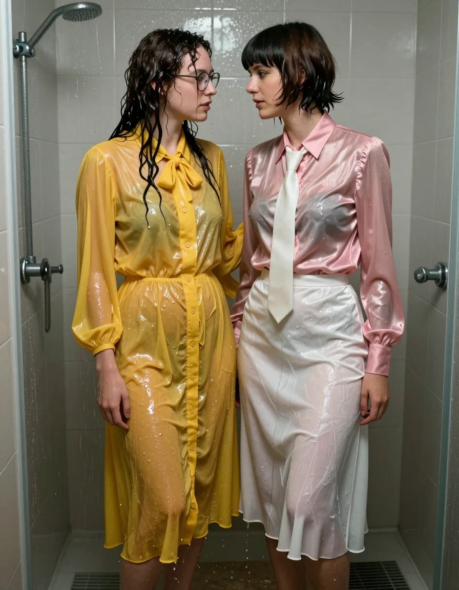 A photorealistic, highly detailed scene of two young adult European women, both lesbian nerdy teachers, engaged in an intimate encounter inside an empty, flooded shower. The first woman has long curly hair, wears glasses, and is dressed in an oversized, floor-length yellow buttoned-down nylon dress with a bowtie; the second woman has a Beatles-style haircut and wears a pink long-sleeved satin blouse with a white necktie paired with a floor-length white silk skirt. Both women are wearing sandals. The entire scene is drenched; the women's skin and hair are glistening with water, and their clothing is heavily saturated, clinging to their bodies with dark, wet patches, deep folds, and heavy, soaked textures. The nylon, satin, and silk fabrics are visibly weighed down by water, displaying realistic sheen and cling. The flooded shower environment features wet tiled surfaces, high-contrast water reflections, and a steamy, atmospheric lighting setup that highlights the wetness on their skin and garments. Cinematic 8k resolution, macro-texture detail on soaked fabrics, dramatic lighting, sharp focus, intimate and authentic atmosphere.