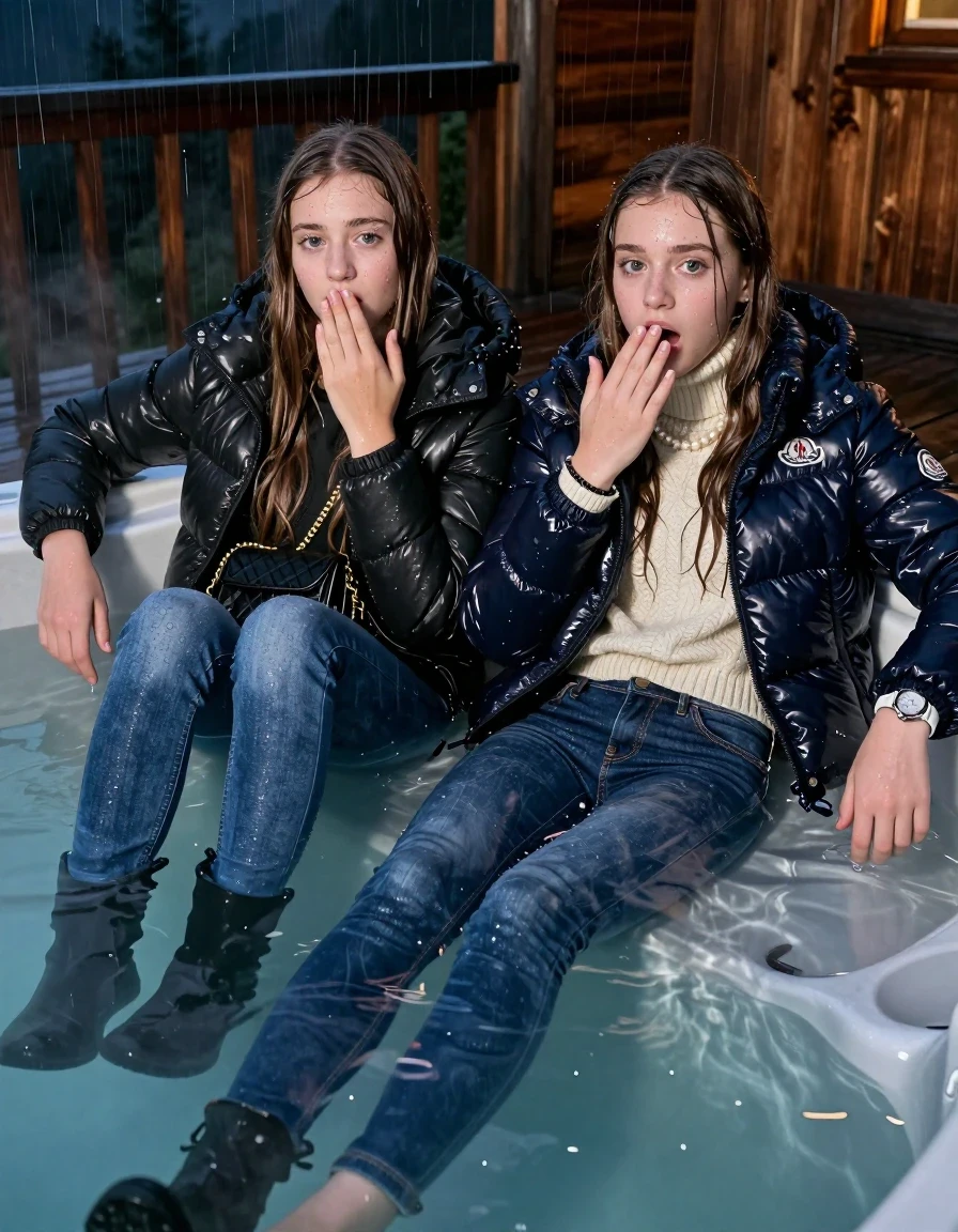 photo of young woman, in soaking wet, drenched clothes,
Boots, Drenched and soaked tight skinny jeans, Moncler shiny Puffer down jacket and Puffer down jacket from north face,  knit turtelneck sweater, handbag, pearl necklace, bracelet, wristwatch , A realistic fashion photograph of  two 15-year-old girl  under Heavy Rain swimming in a steaming hot tub on a wooden mountain cabin deck at night. Heavy Rain., 
enjoying, wet clothes stuck to body,
detailed textures of the wet clothes, wet face, wet plastered hair,
wet, drenched, professional, high-quality details, full body view.
sharp focus, ultra-high pixel detail, realistic, high-quality, full colors, incredibly detailed, 4k, 8k, 16k, hyper-realistic, RAW photo, masterpiece, ultra-detailed, professionally color graded, professional photograph, Sleek long straight hair

Two 15-years-old teenage girl. 

Hold a hand over her mouth. Open mouth, big eyes. 

All girls wear different clothes.

One is completely underwater up to her neck, afraid and astonished expression.

All girls Laying her breast on the surface. Legs and Bodys are under the surface.

her submerged clothes are hardly visible under water, she soaked her handbag into the water

close up view, wet skin, wet clothes, wet hair, damp fabric, water runs down the clothes, wet skin, wet clothes., wet skin, wet clothes, damp fabric
