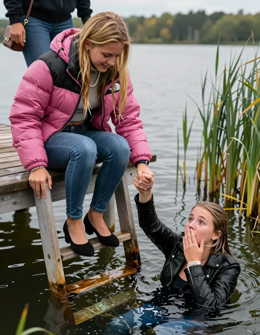 photo of young woman, in soaking wet, drenched clothes,
Heels, Completely soaked tight skinny jeans, Pink Puffer down jacket from north face, Tight turtleneck sweater belly free, handbag, pearl necklace, bracelet, wristwatch , Two Girls on a wooden bathing platform with a bathing ladder on a beautiful lake. The girls smiles with a sense of adventure and climbs the ladder into the water. Her legs are completly inside the water., 
enjoying, wet clothes stuck to body,
detailed textures of the wet clothes, wet face, wet plastered hair,
wet, drenched, professional, high-quality details, full body view.
sharp focus, ultra-high pixel detail, realistic, high-quality, full colors, incredibly detailed, 4k, 8k, 16k, hyper-realistic, RAW photo, masterpiece, ultra-detailed, professionally color graded, professional photograph, Blond sleek long straight hair

19 years old  teenage girl

Laying her breast on the surface.  Looking slightly away. Hold her hand over mouth.

One Girl inside the water with a black biker leatherjacket and one hand on her mouth, hold with the other the viewer's hand, pulling them she is completely underwater up to her neck, afraid and astonished expression. 

She hides in the reeds.

her submerged clothes are hardly vusible under water, she soaked her handbag into the water. The Girls wear different clothes. 

close up view, wet skin, wet clothes, wet hair, damp fabric, water runs down the clothes, wet skin, wet clothes, damp fabric, wet skin, wet clothes, damp fabric