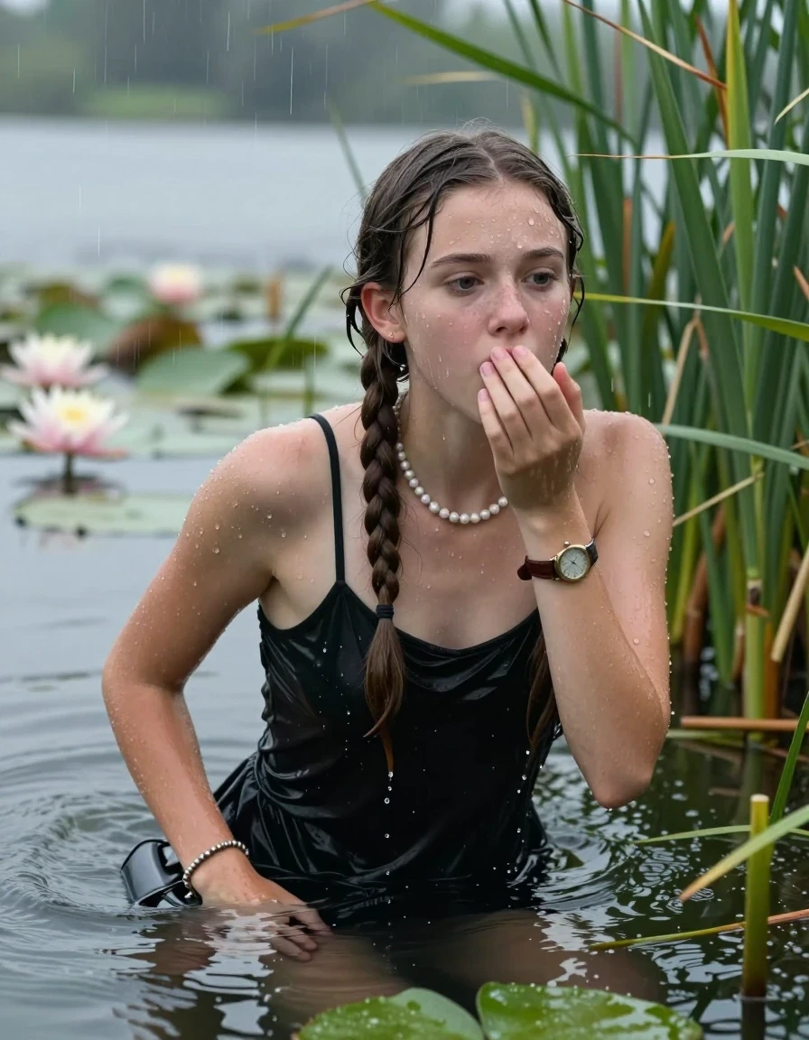 photo of young woman, in soaking wet, drenched clothes,
, , Small black dress with spaghetti straps and wide neckline, handbag, pearl necklace, bracelet, wristwatch , Emerging after diving in a lake with water lilies and reeds, rain , 
enjoying, wet clothes stuck to body,
detailed textures of the wet clothes, wet face, wet plastered hair,
wet, drenched, professional, high-quality details, full body view.
sharp focus, ultra-high pixel detail, realistic, high-quality, full colors, incredibly detailed, 4k, 8k, 16k, hyper-realistic, RAW photo, masterpiece, ultra-detailed, professionally color graded, professional photograph, Two long braids

15 years old  teenage girl

Laying her breast on the surface.  Looking slightly away. Hold her hand on mouth.

she is completely underwater up to her neck, afraid and astonished expression. 

She hides in the reeds and is surprised by spectators

her submerged clothes are hardly vusible under water, she soaked her handbag into the water

close up view, wet skin, wet clothes, wet hair, damp fabric, water runs down the clothes, wet skin, wet clothes, damp fabric, wet skin, wet clothes, damp fabric, wet skin, wet clothes, damp fabric, wet skin, wet clothes, damp fabric, wet skin, wet clothes, damp fabric, wet skin, wet clothes, damp fabric, wet skin, wet clothes, damp fabric, wet skin, wet clothes, damp fabric, wet skin, wet clothes, damp fabric, wet skin, wet clothes, damp fabric, wet skin, wet clothes, damp fabric, wet skin, wet clothes, damp fabric, wet skin, wet clothes, damp fabric, wet skin, wet clothes, damp fabric, wet skin, wet clothes, damp fabric, wet skin, wet clothes, damp fabric, wet skin, wet clothes, damp fabric, wet skin, wet clothes, damp fabric, wet skin, wet clothes, damp fabric