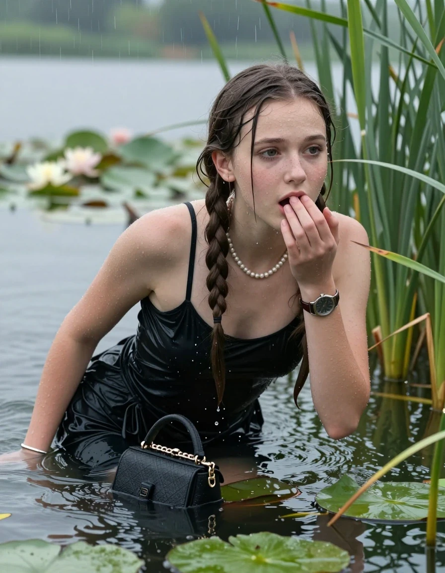 photo of young woman, in soaking wet, drenched clothes,
, , Small black dress with spaghetti straps and wide neckline, handbag, pearl necklace, bracelet, wristwatch , Emerging after diving in a lake with water lilies and reeds, rain , 
enjoying, wet clothes stuck to body,
detailed textures of the wet clothes, wet face, wet plastered hair,
wet, drenched, professional, high-quality details, full body view.
sharp focus, ultra-high pixel detail, realistic, high-quality, full colors, incredibly detailed, 4k, 8k, 16k, hyper-realistic, RAW photo, masterpiece, ultra-detailed, professionally color graded, professional photograph, Two long braids

15 years old  teenage girl

Laying her breast on the surface.  Looking slightly away. Hold her hand on mouth.

she is completely underwater up to her neck, afraid and astonished expression. 

She hides in the reeds and is surprised by spectators

her submerged clothes are hardly vusible under water, she soaked her handbag into the water

close up view, wet skin, wet clothes, wet hair, damp fabric, water runs down the clothes, wet skin, wet clothes, damp fabric, wet skin, wet clothes, damp fabric, wet skin, wet clothes, damp fabric, wet skin, wet clothes, damp fabric, wet skin, wet clothes, damp fabric, wet skin, wet clothes, damp fabric, wet skin, wet clothes, damp fabric, wet skin, wet clothes, damp fabric, wet skin, wet clothes, damp fabric, wet skin, wet clothes, damp fabric, wet skin, wet clothes, damp fabric, wet skin, wet clothes, damp fabric, wet skin, wet clothes, damp fabric, wet skin, wet clothes, damp fabric, wet skin, wet clothes, damp fabric, wet skin, wet clothes, damp fabric, wet skin, wet clothes, damp fabric, wet skin, wet clothes, damp fabric, wet skin, wet clothes, damp fabric
