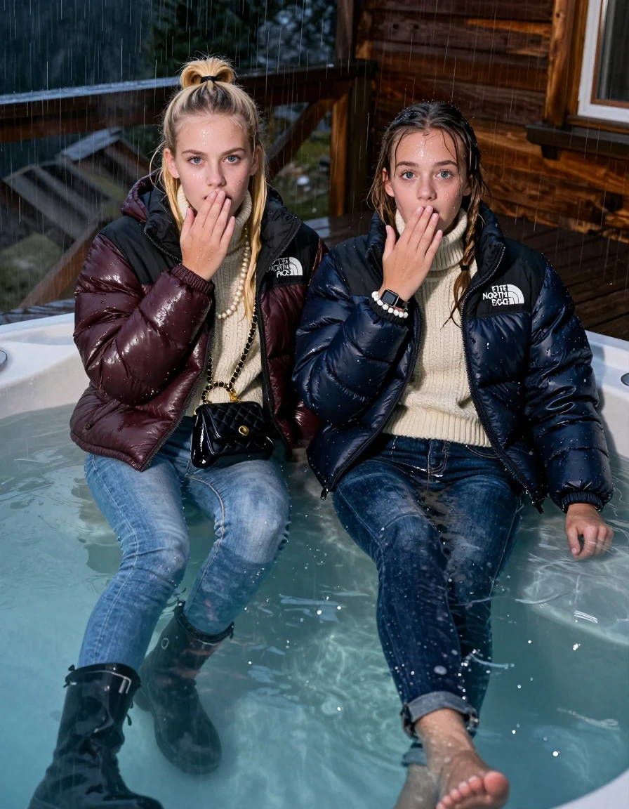 photo of young woman, in soaking wet, drenched clothes,
Boots, Drenched and soaked tight skinny jeans,  Puffer down jacket from north face,  knit turtelneck sweater, handbag, pearl necklace, bracelet, wristwatch , A realistic fashion photograph of  two 15-year-old girl  under Heavy Rain swimming in a steaming hot tub on a wooden mountain cabin deck at night. Heavy Rain., 
enjoying, wet clothes stuck to body,
detailed textures of the wet clothes, wet face, wet plastered hair,
wet, drenched, professional, high-quality details, full body view.
sharp focus, ultra-high pixel detail, realistic, high-quality, full colors, incredibly detailed, 4k, 8k, 16k, hyper-realistic, RAW photo, masterpiece, ultra-detailed, professionally color graded, professional photograph, Different hair styles, Blonde Sleek long straight hair, topknot, ponytail

Two 15-years-old teenage girl. 

Hold a hand over her mouth. Open mouth, big eyes. Looking at camera.

All girls wear different clothes.

One is completely underwater up to her neck, afraid and astonished expression. Slightly smile.

All girls Laying her breast on the surface. Legs and Bodys are under the surface.

her submerged clothes are hardly visible under water, she soaked her handbag into the water

close up view, wet skin, wet clothes, wet hair, damp fabric, water runs down the clothes, wet skin, wet clothes., wet skin, wet clothes, damp fabric, wet skin, wet clothes, damp fabric