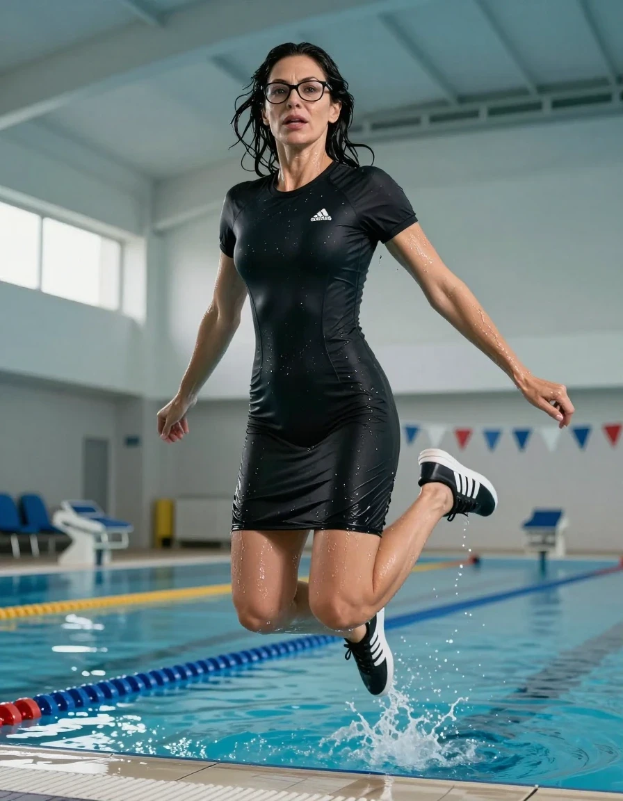 photo of young woman, in soaking wet, drenched clothes,
adidas shoes, long black adidas t-shirt dress with short sleeves, long blackadidas t-shirt dress with short sleeves, jumping after swim in indoor swimming pool, enjoying wet clothes stuck body, enjoying, wet clothes stuck to body, 
enjoying, wet clothes stuck to body,
detailed textures of the wet clothes, wet face, wet plastered hair,
wet, drenched, professional, high-quality details, full body view.
sharp focus, ultra-high pixel detail, realistic, high-quality, full colors, incredibly detailed, 4k, 8k, 16k, hyper-realistic, RAW photo, masterpiece, ultra-detailed, professionally color graded, professional photograph, europen brunette skinny woman 50 years old, long dark black hair, very big and thick lips,  office glasses, complete body, wet skin, wet clothes, damp fabric, wet skin, wet clothes, damp fabric, wet skin, wet clothes, damp fabric, wet skin, wet clothes, damp fabric, wet skin, wet clothes, damp fabric