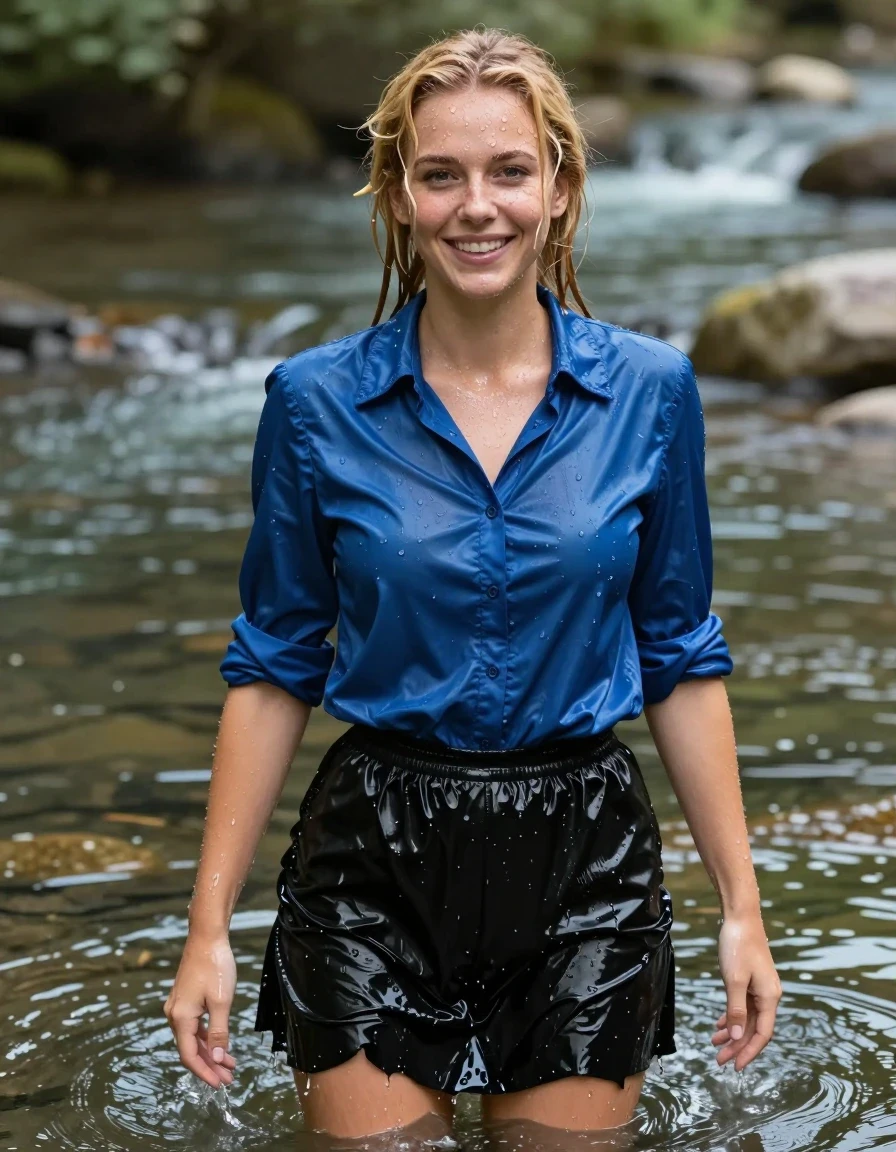 photo of young woman, in soaking wet, drenched clothes,
Black shiny school skirt, Satin blue blouse, river, 
enjoying, wet clothes stuck to body,
detailed textures of the wet clothes, wet face, wet plastered hair,
wet, drenched, professional, high-quality details, full body view.
sharp focus, ultra-high pixel detail, realistic, high-quality, full colors, incredibly detailed, 4k, 8k, 16k, hyper-realistic, RAW photo, masterpiece, ultra-detailed, professionally color graded, professional photograph, wet skin, wet clothes, damp fabric