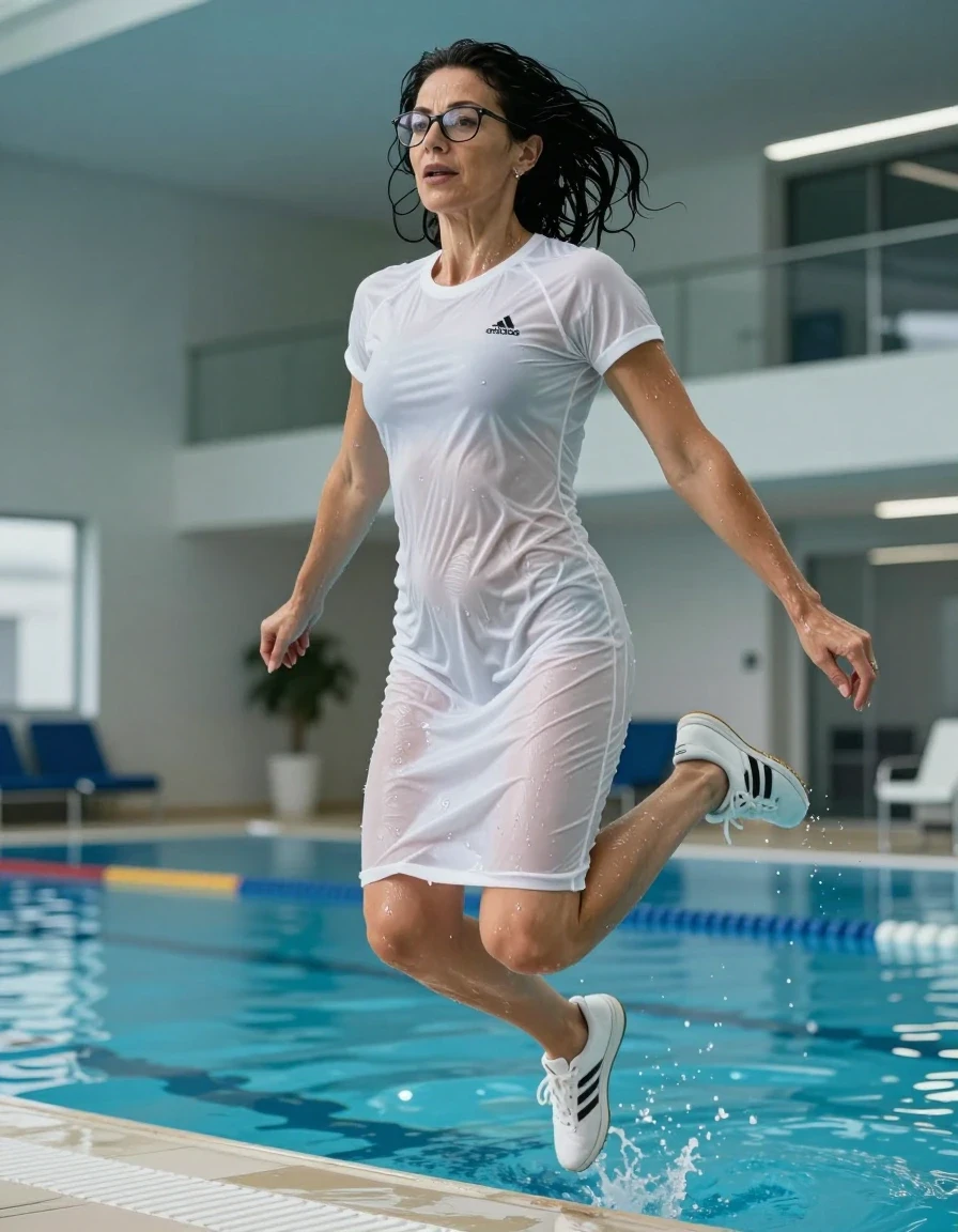 photo of young woman, in soaking wet, drenched clothes,
adidas shoes, long white adidas t-shirt dress with short sleeves, long white adidas t-shirt dress with short sleeves, jaumping after swim in indoor swimming pool, enjoying wet clothes stuck body, enjoying, wet clothes stuck to body, 
enjoying, wet clothes stuck to body,
detailed textures of the wet clothes, wet face, wet plastered hair,
wet, drenched, professional, high-quality details, full body view.
sharp focus, ultra-high pixel detail, realistic, high-quality, full colors, incredibly detailed, 4k, 8k, 16k, hyper-realistic, RAW photo, masterpiece, ultra-detailed, professionally color graded, professional photograph, europen brunette skinny woman 50 years old, long dark black hair, very big and thick lips,  office glasses, complete body, wet skin, wet clothes, damp fabric, wet skin, wet clothes, damp fabric, wet skin, wet clothes, damp fabric, wet skin, wet clothes, damp fabric, wet skin, wet clothes, damp fabric