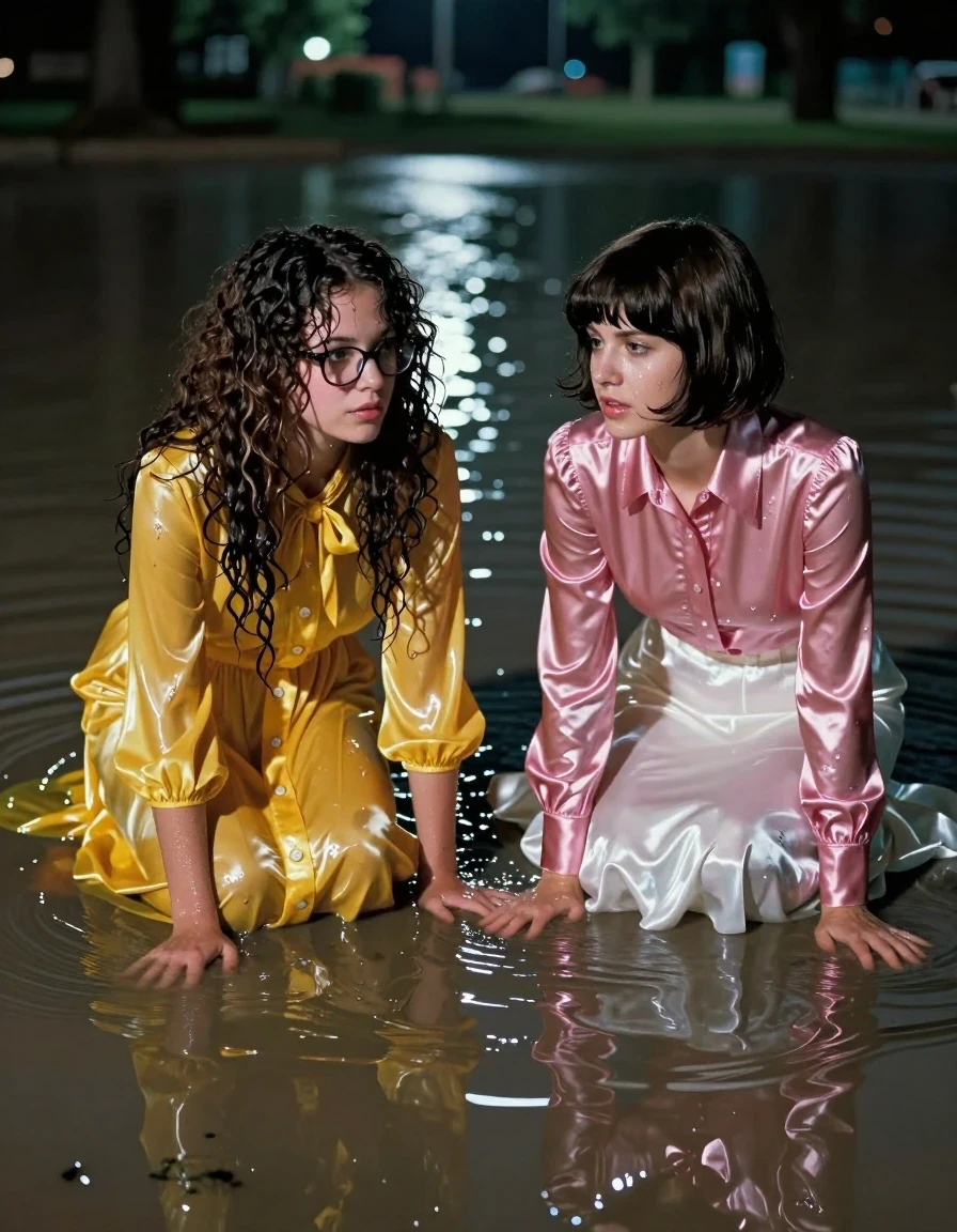 Hyper-realistic full-body shot of two young adult European lesbian nerdy teachers crawling through shallow, murky water in a desolate, flooded park at 2 am. The first woman has long, flowing curly hair and wears sophisticated glasses; she is dressed in an oversized, floor-length yellow buttoned-down nylon dress with a bowtie. The second woman has a 1960s-style Beatles haircut and wears a pink long-sleeved satin blouse paired with a floor-length white silk skirt. Both women are wearing sandals. The clothing is heavily saturated with water, clinging to their bodies with visible weight, deep translucent folds, and dark, heavy water-logged patches. The nylon, satin, and silk fabrics display strong, glossy specular reflections and high-sheen textures from the murky water. Their skin is glistening with wetness, and their hair is matted and dripping. The scene is illuminated by dim, moody moonlight casting long shadows across the muddy, rippling water surface. Cinematic lighting, 8k resolution, highly detailed wet fabric textures, atmospheric night photography, sharp focus on the subjects, realistic water displacement around their limbs.