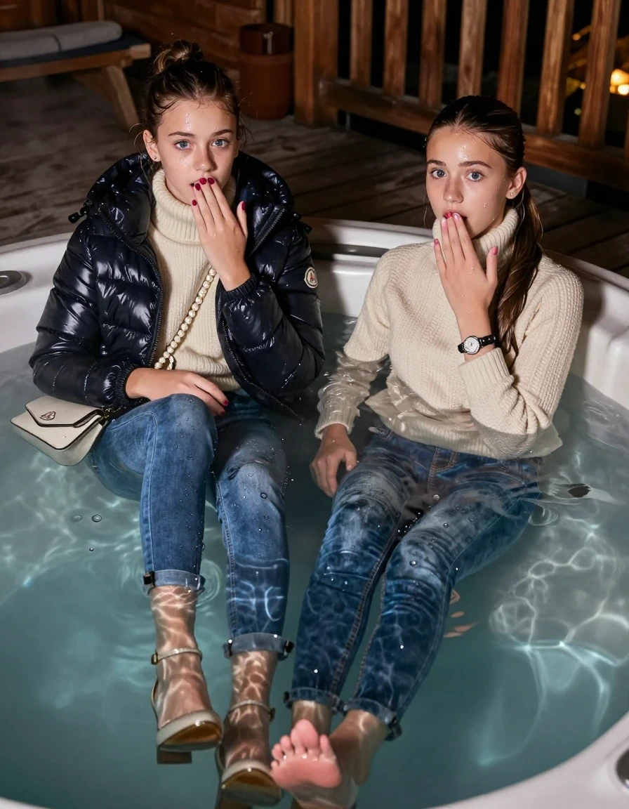 photo of young woman, in soaking wet, drenched clothes,
Heels, Drenched and soaked tight skinny jeans, Moncler shiny Puffer down jacket,  knit turtelneck sweater, handbag, pearl necklace, bracelet, wristwatch , A realistic fashion photograph of  two 15-year-old girl  swimming in a steaming hot tub on a wooden mountain cabin deck at night. , 
enjoying, wet clothes stuck to body,
detailed textures of the wet clothes, wet face, wet plastered hair,
wet, drenched, professional, high-quality details, full body view.
sharp focus, ultra-high pixel detail, realistic, high-quality, full colors, incredibly detailed, 4k, 8k, 16k, hyper-realistic, RAW photo, masterpiece, ultra-detailed, professionally color graded, professional photograph, Sleek long straight hair and Sleek long ponytail 

Two 15-years-old teenage girl. 

Hold a hand over her mouth. Open mouth, big eyes. 

All girls wear different clothes.

One is completely underwater up to her neck, afraid and astonished expression.

All girls Laying her breast on the surface. Legs and Bodys are under the surface.

her submerged clothes are hardly visible under water, she soaked her handbag into the water

close up view, wet skin, wet clothes, wet hair, damp fabric, water runs down the clothes, wet skin, wet clothes., wet skin, wet clothes, damp fabric