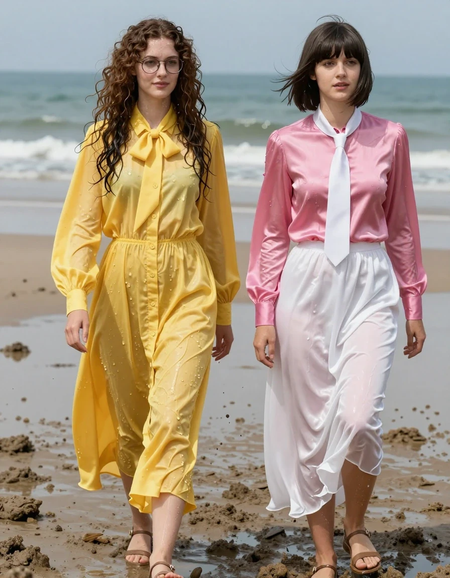 photo of young woman, in soaking wet, drenched clothes,
sandals, both: floor-length long dress or skirt, 1st long curly haired woman: glasses, oversized  floor-length yellow buttoned-down nylon dress with bowtie; 2nd Beatles haired woman: pink long-sleeved satin blouse with white necktie,  floor-length white silk skirt, beach, 
enjoying, wet clothes stuck to body,
detailed textures of the wet clothes, wet face, wet plastered hair,
wet, drenched, professional, high-quality details, full body view.
sharp focus, ultra-high pixel detail, realistic, high-quality, full colors, incredibly detailed, 4k, 8k, 16k, hyper-realistic, RAW photo, masterpiece, ultra-detailed, professionally color graded, professional photograph, lesbian nerdy teachers getting stuck in the mud, knee deep, wet skin, wet clothes, damp fabric