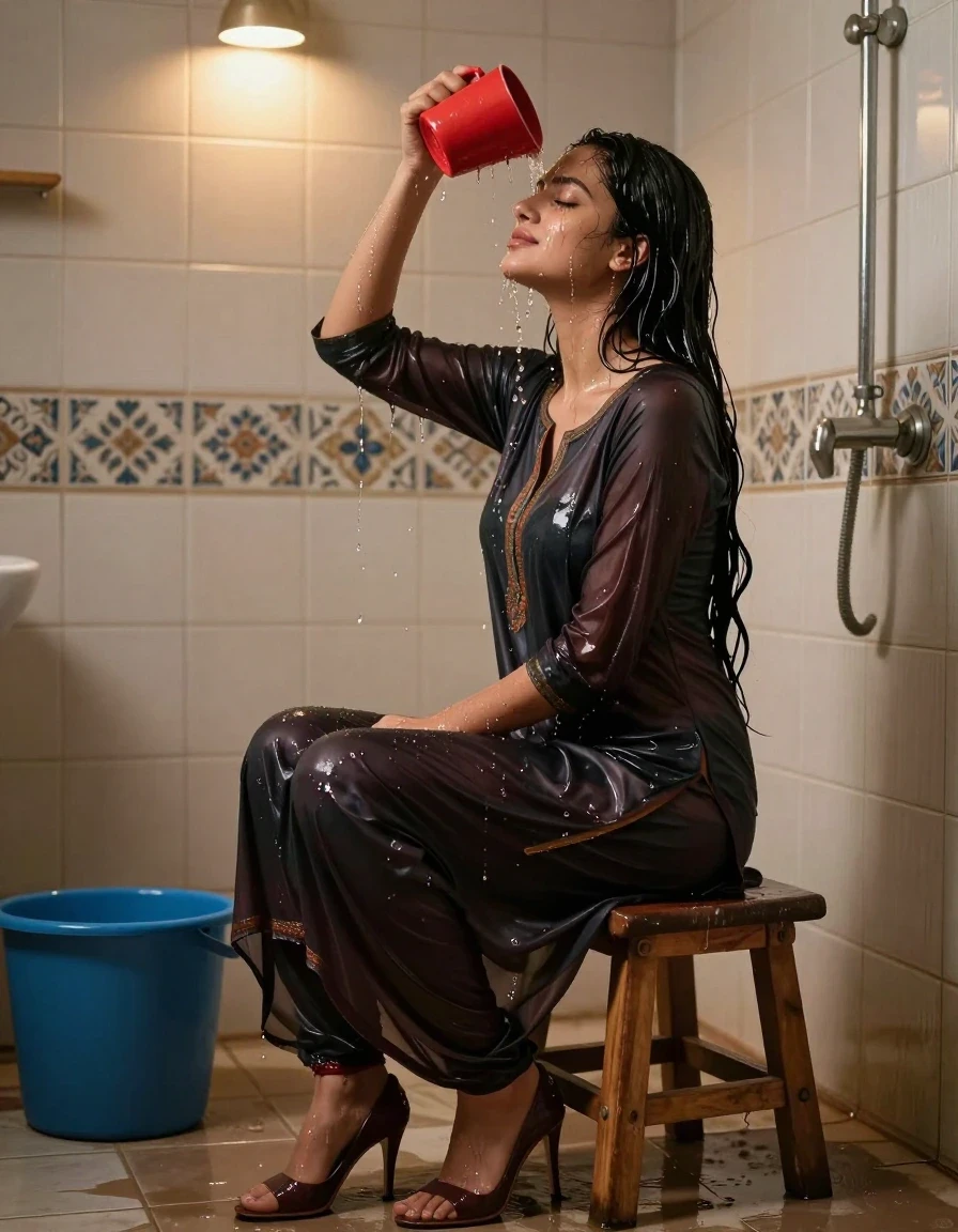 A stunning young adult woman with long, flowing black hair, sitting sideways on a small wooden stool in a tiled bathroom. She is wearing a dark salwar kameez made of fabric that is visibly soaked, clinging to her body, with deep saturated tones, heavy wet folds, and a translucent sheen where the wet material adheres to her skin. Her right hand holds a bright red plastic mug, pouring water over her head, eyes closed in a serene, peaceful expression. Water droplets are cascading down her face, arms, and soaked clothing. She is wearing elegant stiletto heels that contrast with the rustic environment. A large blue plastic bucket sits on the wet tiled floor to her left. The bathroom walls feature light beige ceramic tiles with intricate floral and geometric patterns. A metal shower pipe and faucet are visible on the right wall. The scene is illuminated by warm, recessed ceiling spotlights creating sharp highlights on the wet surfaces and skin. Photorealistic, 8k resolution, cinematic lighting, highly detailed textures, water sheen, hyper-realistic wet skin and fabric.