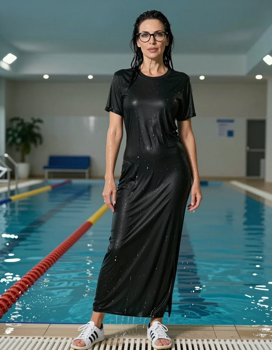 photo of young woman, in soaking wet, drenched clothes,
adidas shoes, maxi BLACK adidas t-shirt dress with short sleeves, maxi BLACK adidas t-shirt dress with short sleeves, shower after swim in indoor swimming pool, enjoying wet clothes stuck body, enjoying, wet clothes stuck to body, 
enjoying, wet clothes stuck to body,
detailed textures of the wet clothes, wet face, wet plastered hair,
wet, drenched, professional, high-quality details, full body view.
sharp focus, ultra-high pixel detail, realistic, high-quality, full colors, incredibly detailed, 4k, 8k, 16k, hyper-realistic, RAW photo, masterpiece, ultra-detailed, professionally color graded, professional photograph, europen brunette skinny woman 50 years old, long dark black hair, very big and thick lips,  office glasses, complete body, wet skin, wet clothes, damp fabric, wet skin, wet clothes, damp fabric, wet skin, wet clothes, damp fabric, wet skin, wet clothes, damp fabric, wet skin, wet clothes, damp fabric