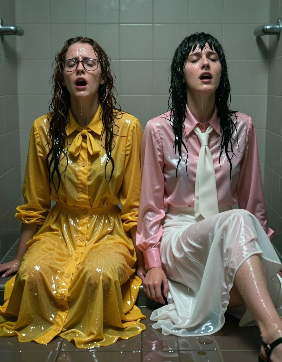 A photorealistic cinematic shot of two young adult European women, nerdy teachers, sitting on the floor of an empty, dimly lit, flooded gym shower with their backs against the tiled wall, gasping for air in exhaustion. The first woman has long curly hair, wears glasses, and is dressed in an oversized floor-length yellow buttoned-down nylon dress with a bowtie. The second woman has a Beatles-style haircut and wears a pink long-sleeved satin blouse with a white necktie paired with a floor-length white silk skirt. Both women are wearing sandals. Their skin is glistening with a heavy water sheen, and their hair is matted and dripping. Their clothing is thoroughly soaked, with the nylon, satin, and silk fabrics darkened, clinging tightly to their bodies, heavy with moisture, and showing deep, saturated folds and clinging wet textures. The environment is dark and atmospheric, with water pooling on the floor and reflecting the faint ambient light, creating strong specular highlights on their wet skin and damp, heavy garments. High-contrast lighting, 8k resolution, hyper-realistic textures, damp environment, droplets, skin pores, and fabric weave visible.