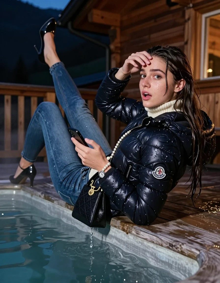 photo of young woman, in soaking wet, drenched clothes,
Heels, Drenched and soaked tight skinny jeans, Moncler shiny Puffer down jacket,  knit turtelneck sweater, handbag, pearl necklace, bracelet, wristwatch , A realistic vertical fashion photograph of a 19-year-old girl take a dip at the edge of a steaming hot tub on a wooden mountain cabin deck at night. She is looking back over her shoulder toward the camera with an expectant and playful expression., 
enjoying, wet clothes stuck to body,
detailed textures of the wet clothes, wet face, wet plastered hair,
wet, drenched, professional, high-quality details, full body view.
sharp focus, ultra-high pixel detail, realistic, high-quality, full colors, incredibly detailed, 4k, 8k, 16k, hyper-realistic, RAW photo, masterpiece, ultra-detailed, professionally color graded, professional photograph, Close-up. 
Sleek long straight hair 

19 years old  teenage girl

open mouth, big eyes, one hand on her forehead and in the other hand her smartphone. Laying her breast on the surface.  Looking at camera.

she is completely underwater up to her neck, afraid and astonished expression.

her submerged clothes are hardly vusible under water, she soaked her handbag into the water

close up view, wet skin, wet clothes, wet hair, damp fabric, water runs down the clothes, wet skin, wet clothes, damp fabric, wet skin, wet clothes, damp fabric, wet skin, wet clothes, damp fabric, wet skin, wet clothes, damp fabric, wet skin, wet clothes, damp fabric, wet skin, wet clothes, damp fabric, wet skin, wet clothes, damp fabric, wet skin, wet clothes, damp fabric, wet skin, wet clothes, damp fabric, wet skin, wet clothes, damp fabric, wet skin, wet clothes, damp fabric, wet skin, wet clothes, damp fabric, wet skin, wet clothes, damp fabric, wet skin, wet clothes, damp fabric, wet skin, wet clothes, damp fabric, wet skin, wet clothes, damp fabric, wet skin, wet clothes, damp fabric, wet skin, wet clothes, damp fabric