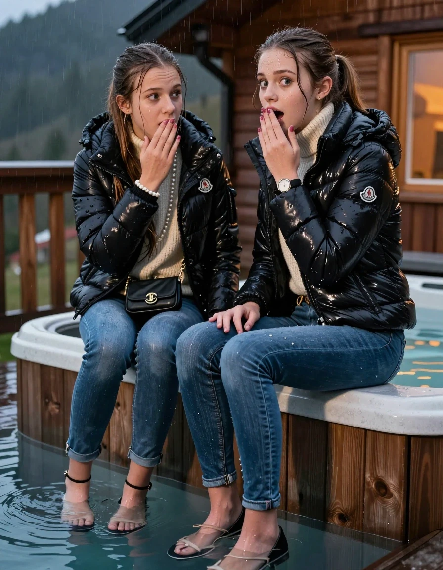 photo of young woman, in soaking wet, drenched clothes,
Heels, Drenched and soaked tight skinny jeans, Moncler shiny Puffer down jacket,  knit turtelneck sweater, handbag, pearl necklace, bracelet, wristwatch , A realistic fashion photograph of  two 15-year-old girl sitting at the edge of a steaming hot tub on a wooden mountain cabin deck at night. She is looking back over her shoulder toward the camera with an afraid and astonished expression. Rain. , 
enjoying, wet clothes stuck to body,
detailed textures of the wet clothes, wet face, wet plastered hair,
wet, drenched, professional, high-quality details, full body view.
sharp focus, ultra-high pixel detail, realistic, high-quality, full colors, incredibly detailed, 4k, 8k, 16k, hyper-realistic, RAW photo, masterpiece, ultra-detailed, professionally color graded, professional photograph, Sleek long straight hair and Sleek long ponytail 

Two 15-years-old teenage girl. 

Hold a hand over her mouth. Open mouth, big eyes. 

The girls wear different clothes.

One is completely underwater up to her neck, shocked expression.

her submerged clothes are hardly visible under water, she soaked her handbag into the water

close up view, wet skin, wet clothes, wet hair, damp fabric, water runs down the clothes, wet skin, wet clothes., wet skin, wet clothes, damp fabric